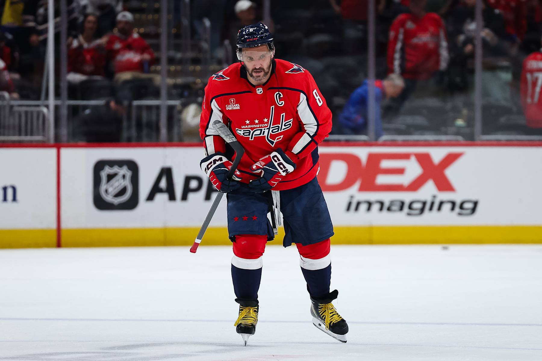 WASHINGTON, DC - APRIL 28: Alex Ovechkin #8 of the Washington Capitals looks on after Game Four of the First Round of the 2024 Stanley Cup Playoffs against the New York Rangers at Capital One Arena on April 28, 2024 in Washington, DC. (Photo by Scott Taetsch/Getty Images)