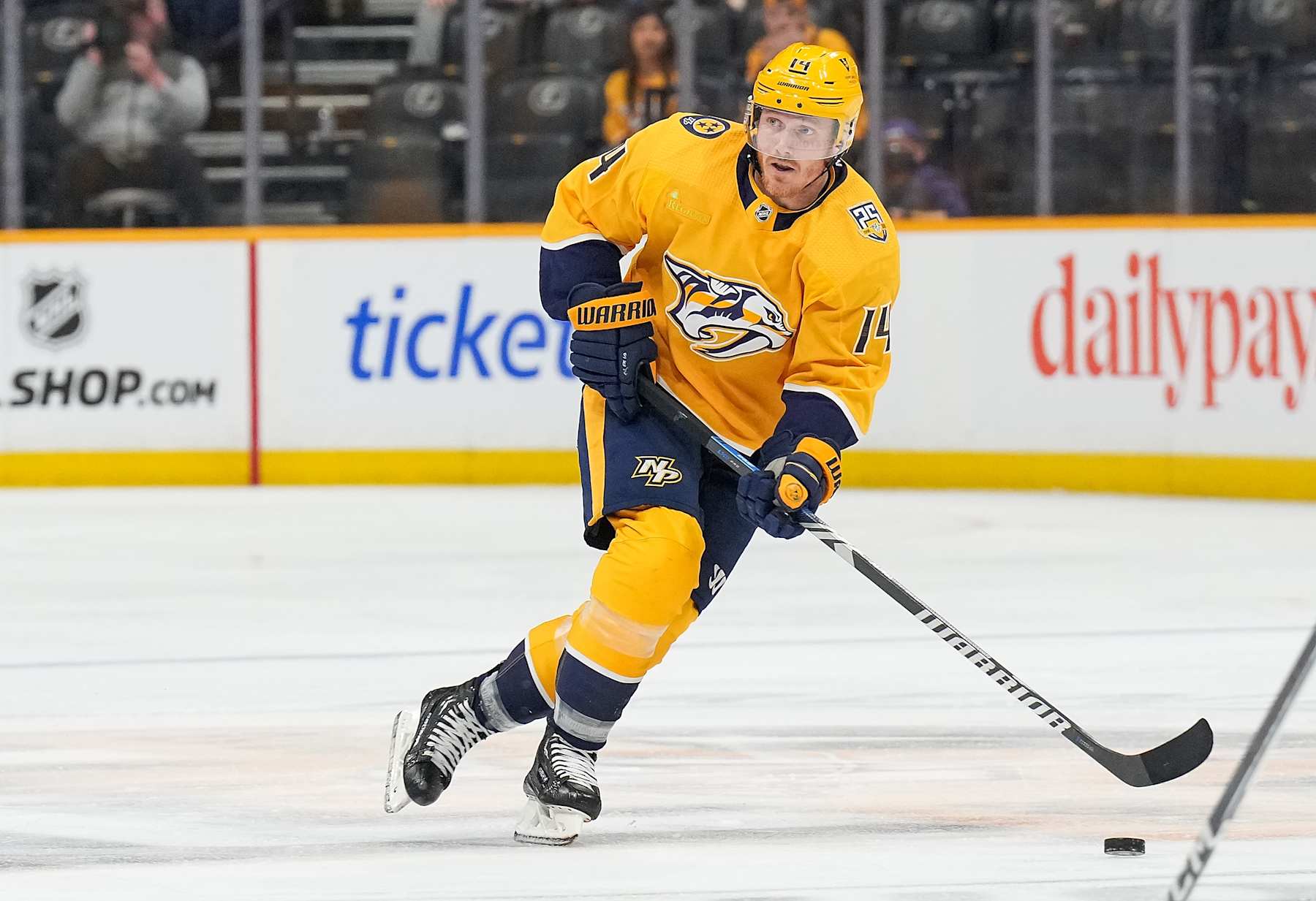 NASHVILLE, TENNESSEE - APRIL 9: Gustav Nyquist #14 of the Nashville Predators skates against the Winnipeg Jets during an NHL game at Bridgestone Arena on April 9, 2024 in Nashville, Tennessee. (Photo by John Russell/NHLI via Getty Images)