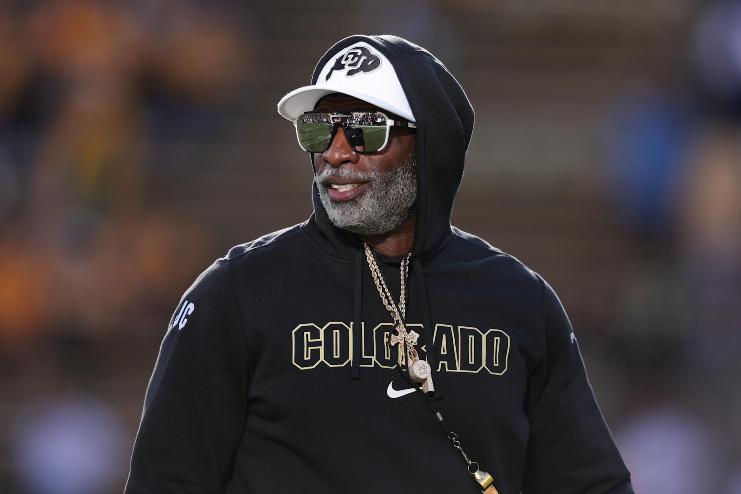 BOULDER, COLORADO - AUGUST 29: Head coach Deion Sanders of the Colorado Buffaloes looks on prior to the game against the North Dakota State Bison at Folsom Field on August 29, 2024 in Boulder, Colorado. (Photo by Andrew Wevers/Getty Images)