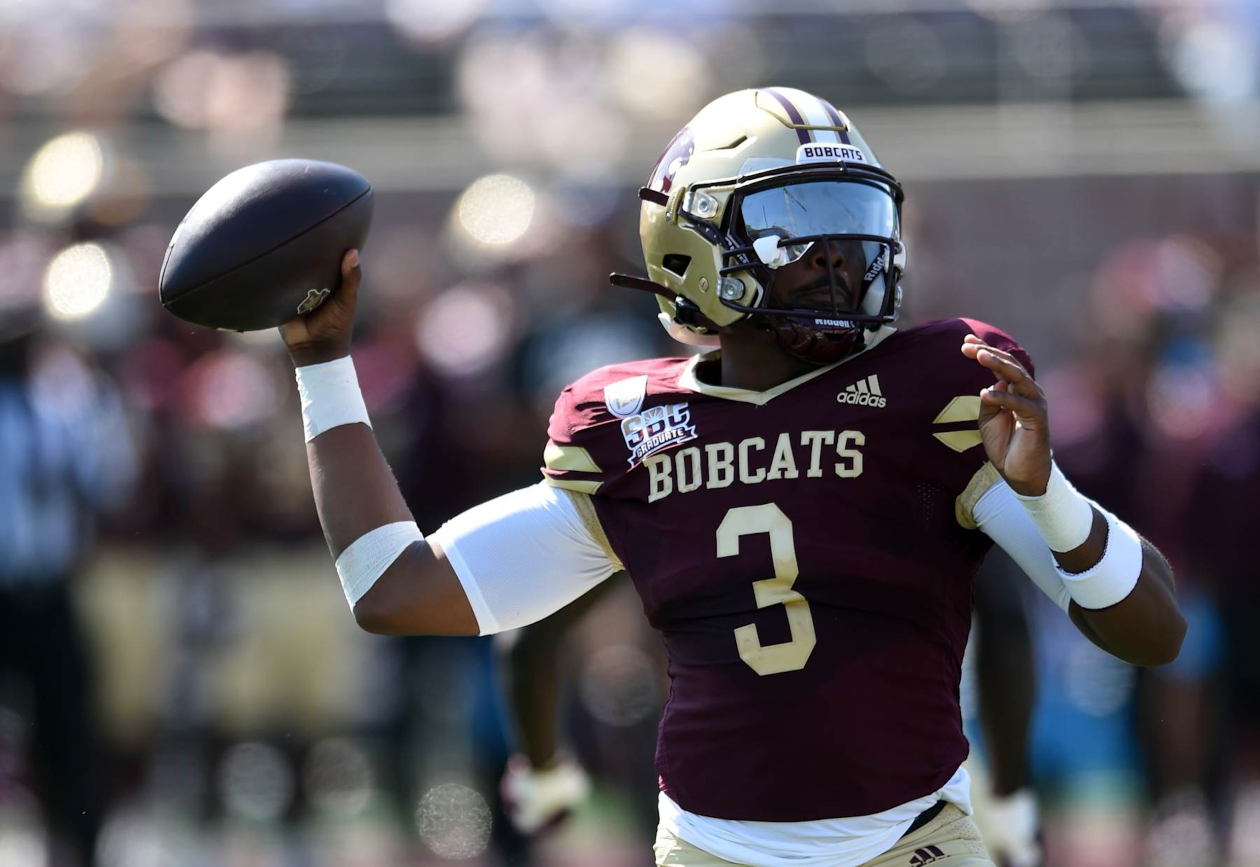 SAN MARCOS, TX - SEPTEMBER 07: Texas State Bobcats QB Jordan McCloud (3) throws a pass during game featuring the UTSA Roadrunners and the Texas State Bobcats on September 7, 2024 at UFCU Stadium in San Marcos, TX. (Photo by John Rivera/Icon Sportswire via Getty Images) SAN MARCOS, TX - SEPTEMBER 07: Texas State Bobcats QB Jordan McCloud (3) throws a pass during game featuring the UTSA Roadrunners and the Texas State Bobcats on September 7, 2024 at UFCU Stadium in San Marcos, TX. (Photo by John Rivera/Icon Sportswire via Getty Images)