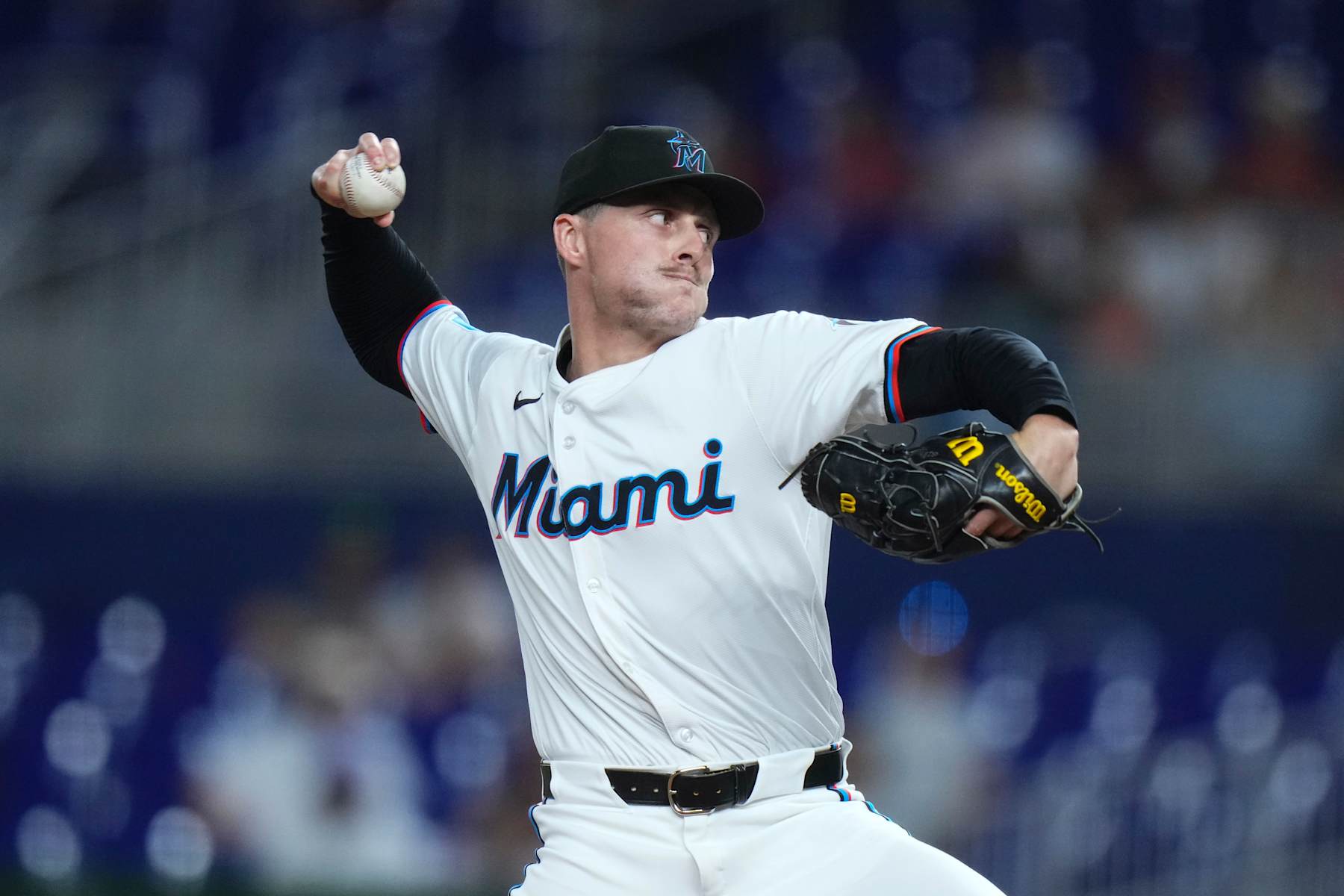 MIAMI, FLORIDA - AUGUST 07: Calvin Faucher #53 of the Miami Marlins throws a pitch during a game against the Cincinnati Reds at loanDepot park on August 07, 2024 in Miami, Florida. (Photo by Rich Storry/Getty Images)