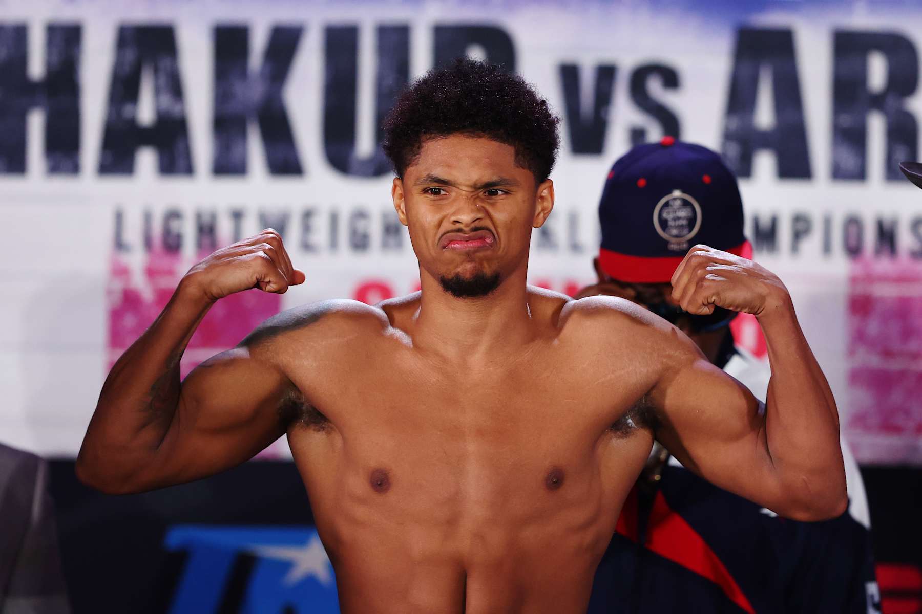 NEWARK, NEW JERSEY - JULY 05: Shakur Stevenson poses on the scale during a weigh-in ahead of his WBC Lightweight World Title fight against Artem Harutyunyan of Germany (not pictured) at Prudential Center on July 05, 2024 in Newark, New Jersey. (Photo by Sarah Stier/Getty Images)