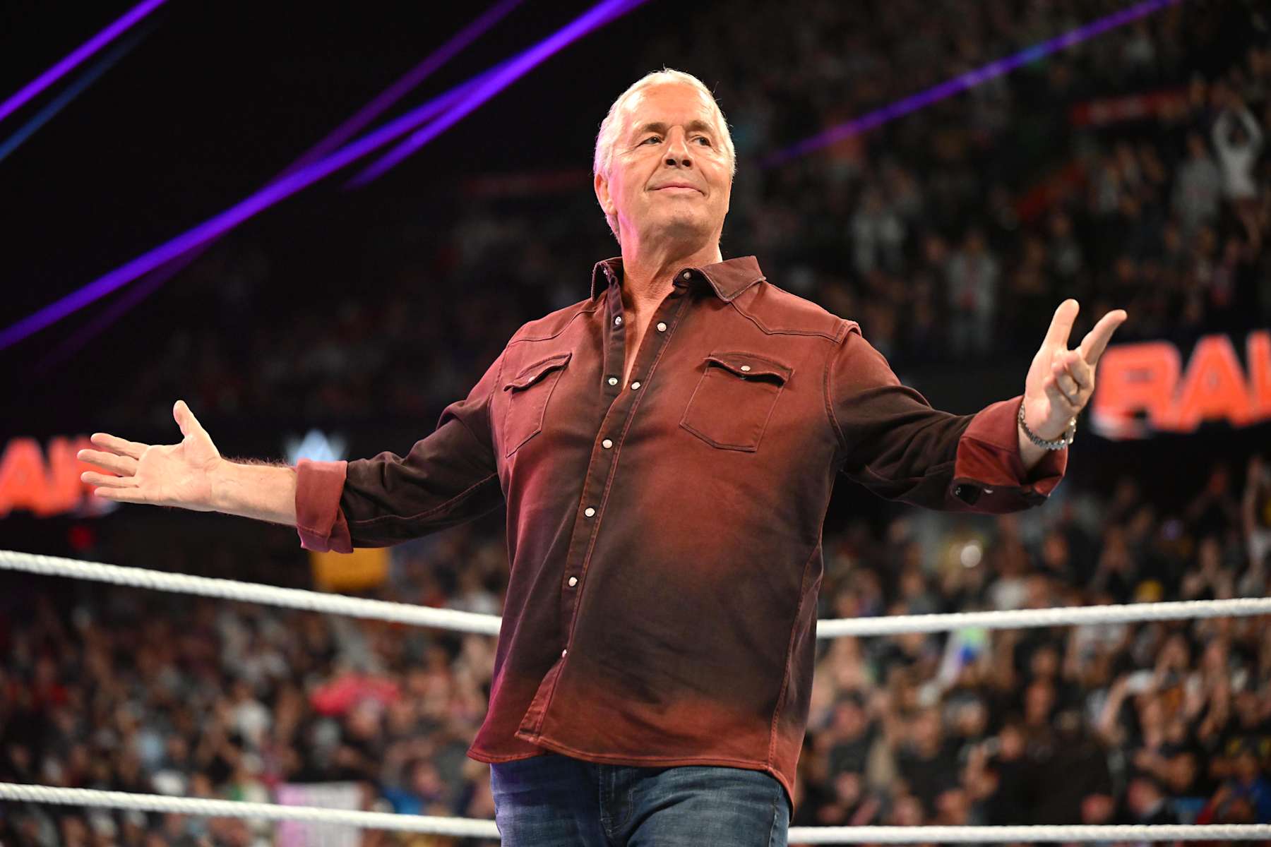 CALGARY, CANADA - SEPTEMBER 9: WWE Hall of Famer Bret Hart makes his entrance during Monday Night RAW at the Scotiabank Saddledome on September 9, 2024 in Calgary, Canada.  (Photo by WWE/Getty Images)