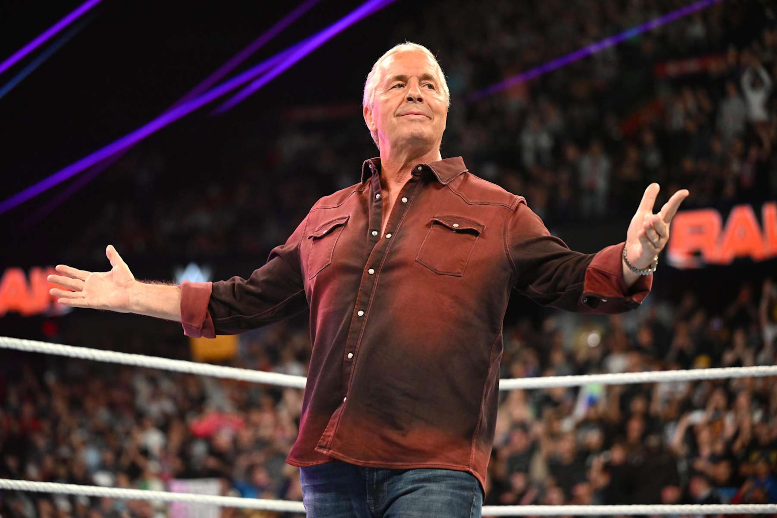 CALGARY, CANADA - SEPTEMBER 9: WWE Hall of Famer Bret Hart makes his entrance during Monday Night RAW at the Scotiabank Saddledome on September 9, 2024 in Calgary, Canada.  (Photo by WWE/Getty Images)
