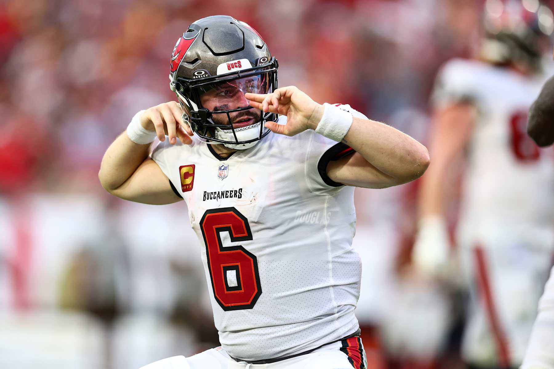 TAMPA, FL - SEPTEMBER 8: Baker Mayfield #6 of the Tampa Bay Buccaneers celebrates after a play during the fourth quarter of an NFL football game against the Washington Commanders at Raymond James Stadium on September 8, 2024 in Tampa, Florida. (Photo by Kevin Sabitus/Getty Images)