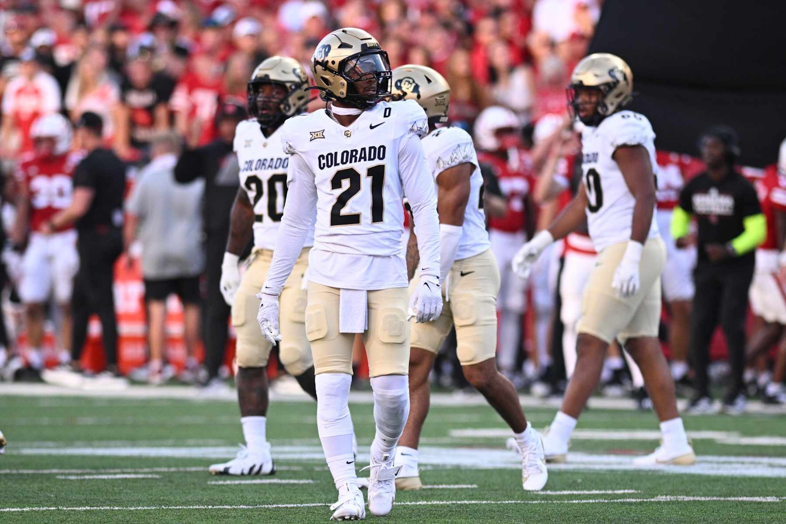 LINCOLN, NEBRASKA - SEPTEMBER 7: Shilo Sanders #21 of the Colorado Buffaloes looks to the crowd during the game against the Nebraska Cornhuskers at Memorial Stadium on September 7, 2024 in Lincoln, Nebraska. (Photo by Steven Branscombe/Getty Images)
