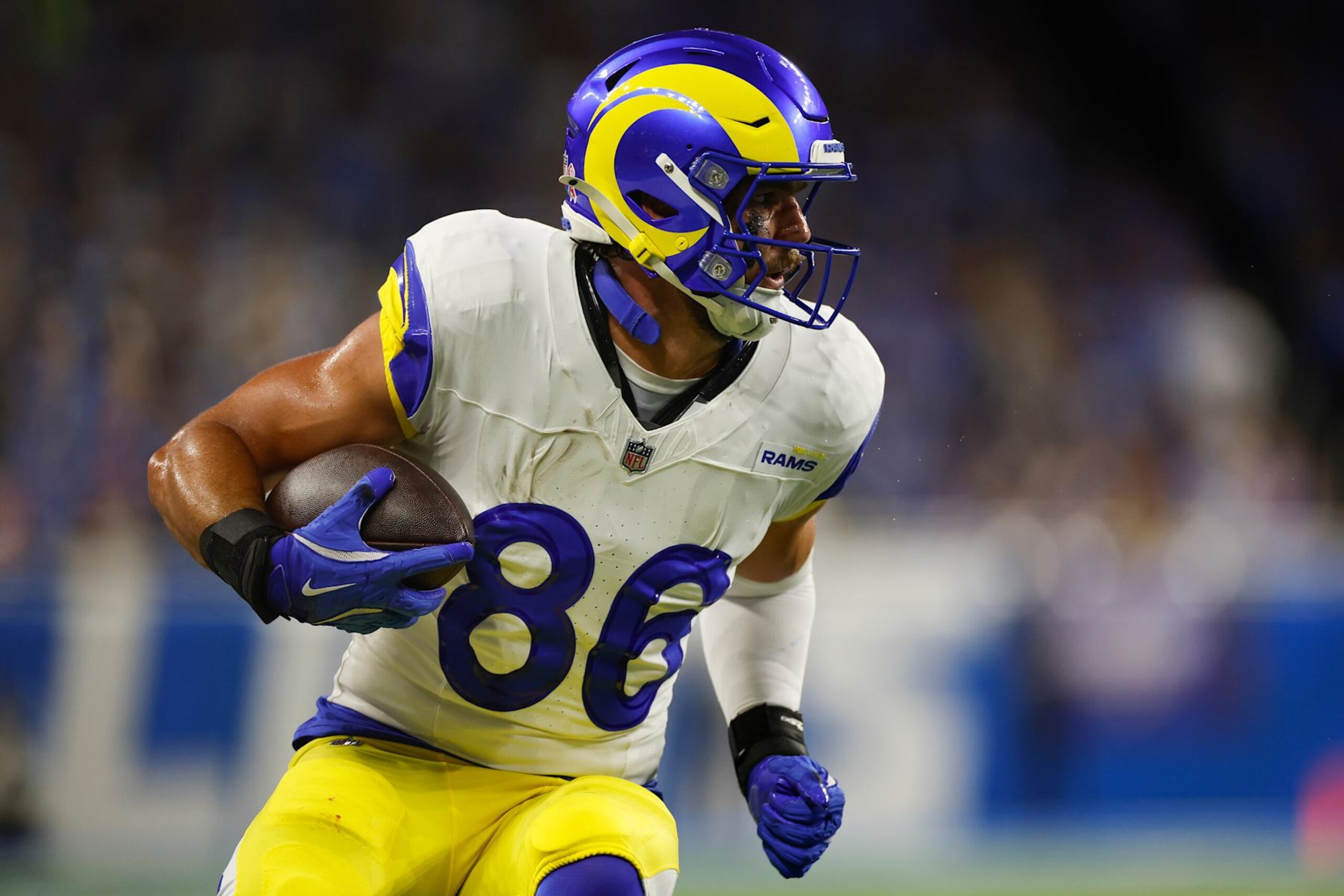 DETROIT, MI - SEPTEMBER 08: Colby Parkinson #86 of the Los Angeles Rams runs after the catch against the Detroit Lions during the first half at Ford Field on September 08, 2024 in Detroit, Michigan. (Photo by Brandon Sloter/Getty Images) DETROIT, MI - SEPTEMBER 08: Colby Parkinson #86 of the Los Angeles Rams runs after the catch against the Detroit Lions during the first half at Ford Field on September 08, 2024 in Detroit, Michigan. (Photo by Brandon Sloter/Getty Images)