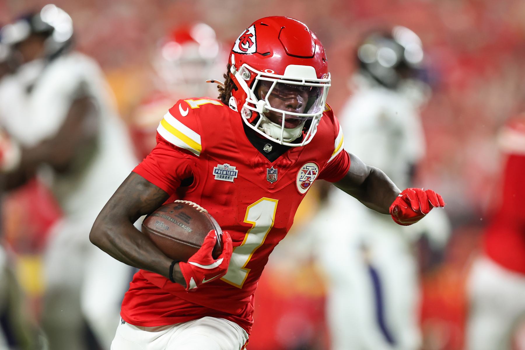 KANSAS CITY, MO - SEPTEMBER 05: Kansas City Chiefs wide receiver Xavier Worthy (1) runs after the catch in the second quarter of an NFL game between the Baltimore Ravens and Kansas City Chiefs on September 5, 2024 at GEHA Field at Arrowhead Stadium in Kansas City, MO. (Photo by Scott Winters/Icon Sportswire via Getty Images)