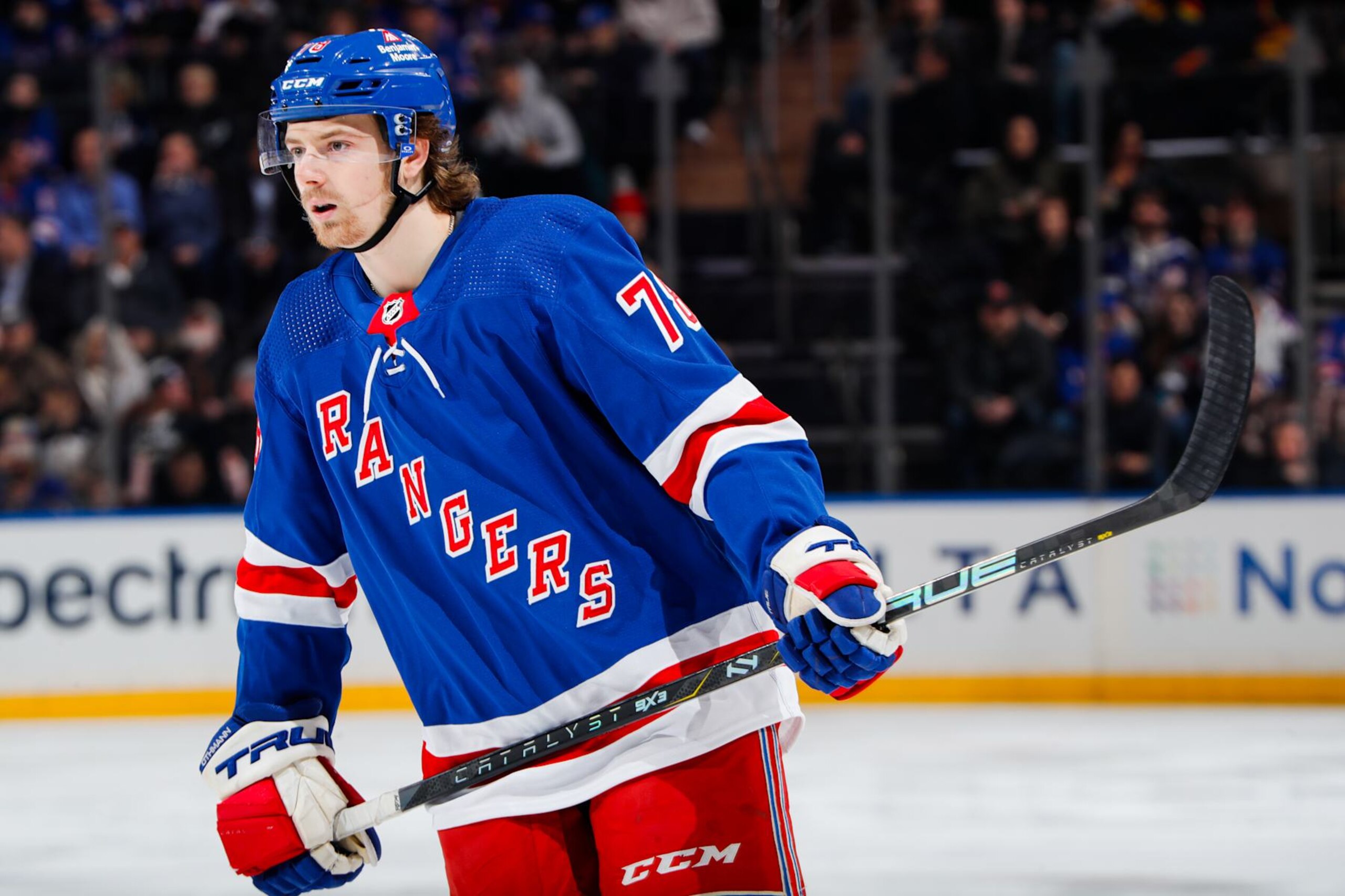 NEW YORK, NEW YORK - JANUARY 08:  Brennan Othmann #78 of the New York Rangers skates against the Vancouver Canucks at Madison Square Garden on January 8, 2024 in New York City. (Photo by Jared Silber/NHLI via Getty Images)