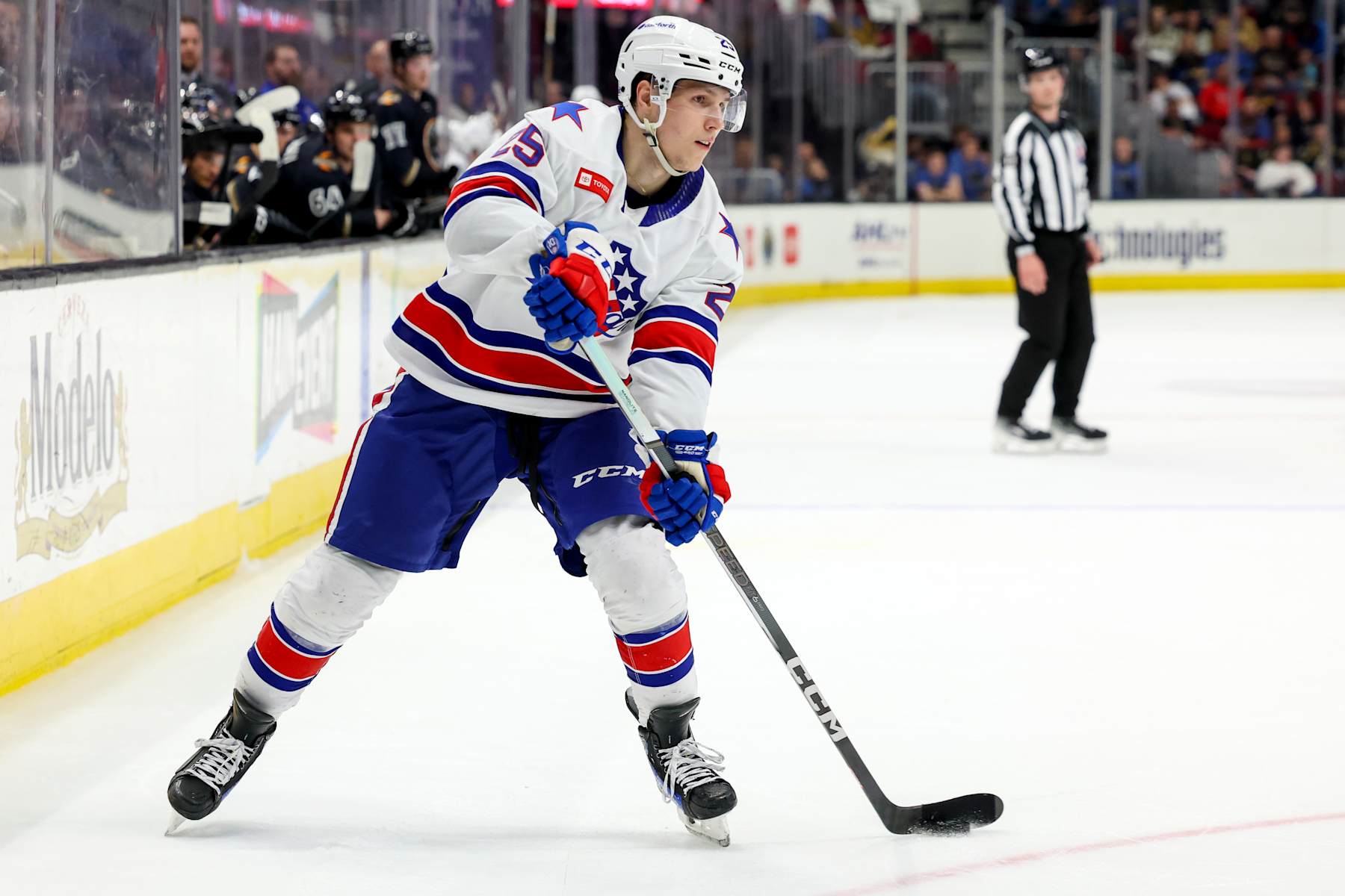 CLEVELAND, OH - MARCH 30: Rochester Americans center Jiri Kulich (25) looks to shoot during the third period of the American Hockey League game between the  Rochester Americans and Cleveland Monsters on March 30, 2024, at Rocket Mortgage FieldHouse in Cleveland, OH. (Photo by Frank Jansky/Icon Sportswire via Getty Images)