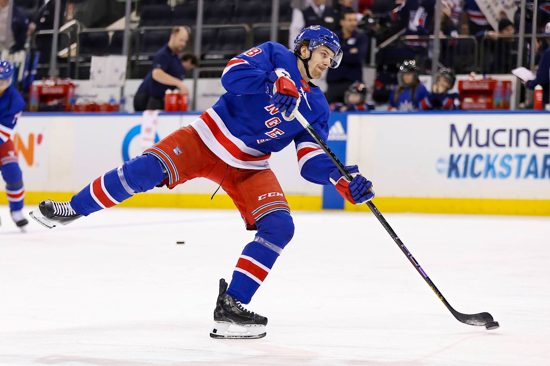 NEW YORK, NY - JANUARY 04: New York Rangers Left Wing Brennan Othmann (78) in action prior to the National Hockey League game between the Chicago Blackhawks and the New York Rangers on January 4, 2024 at Madison Square Garden in New York, NY. (Photo by Joshua Sarner/Icon Sportswire via Getty Images)