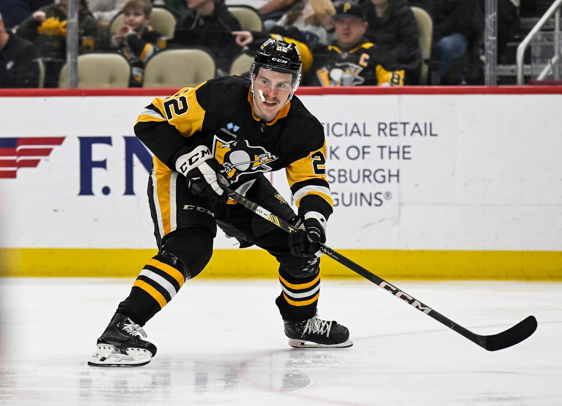 PITTSBURGH, PA - MARCH 26: Pittsburgh Penguins right wing Sam Poulin (22) skates during the second period in the NHL game between the Pittsburgh Penguins and the Carolina Hurricanes on March 26, 2024, at PPG Paints Arena in Pittsburgh, PA. (Photo by Jeanine Leech/Icon Sportswire via Getty Images)