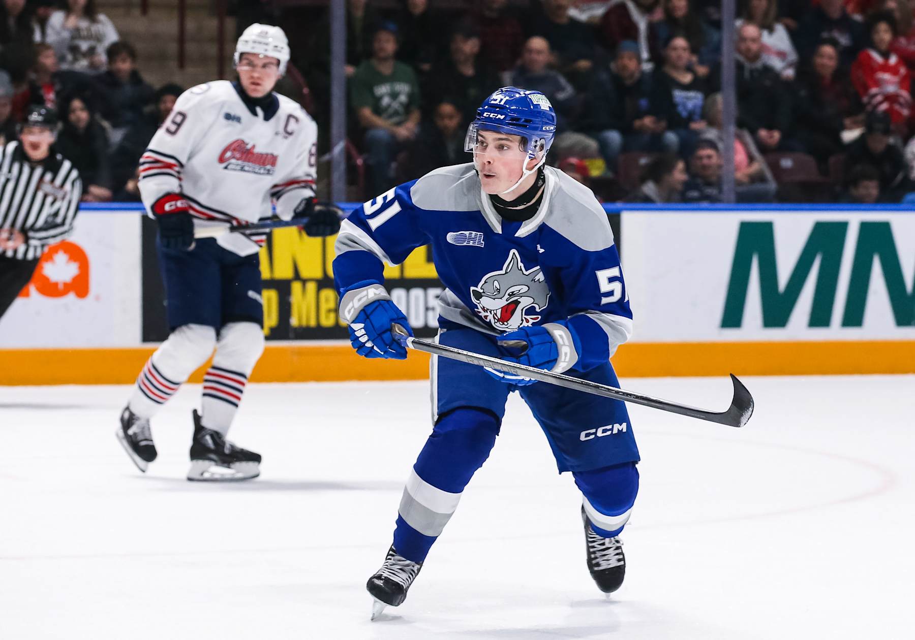 OSHAWA, CANADA - NOVEMBER 26: Dalibor Dvorský #51 of the Sudbury Wolves skates against the Oshawa Generals at Tribute Communities Centre on November 26, 2023 in Oshawa, Ontario, Canada. (Photo by Chris Tanouye/Getty Images)