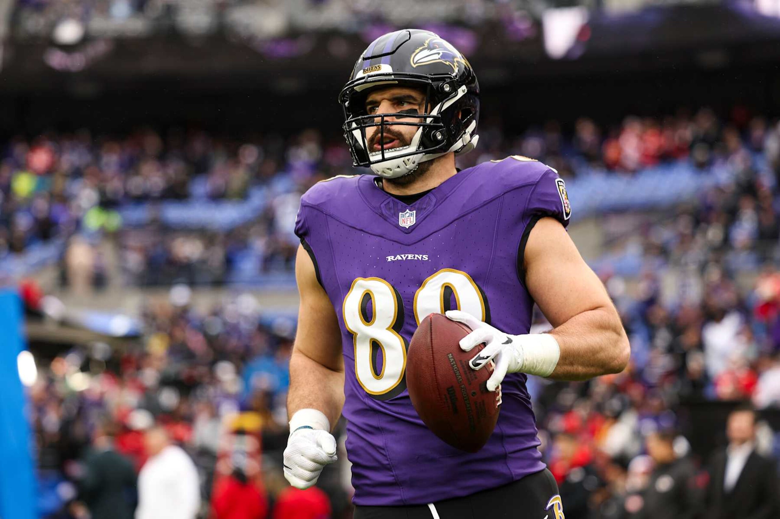BALTIMORE, MD - JANUARY 28: Mark Andrews #89 of the Baltimore Ravens warms up prior to the AFC Championship NFL football game against the Kansas City Chiefs at M&T Bank Stadium on January 28, 2024 in Baltimore, Maryland. (Photo by Perry Knotts/Getty Images)