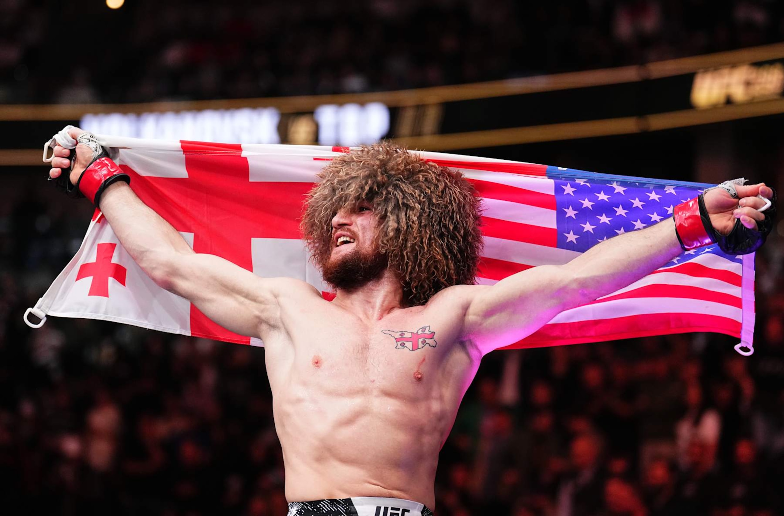 Merab Dvalishvili reacts after his victory against Henry Cejudo 