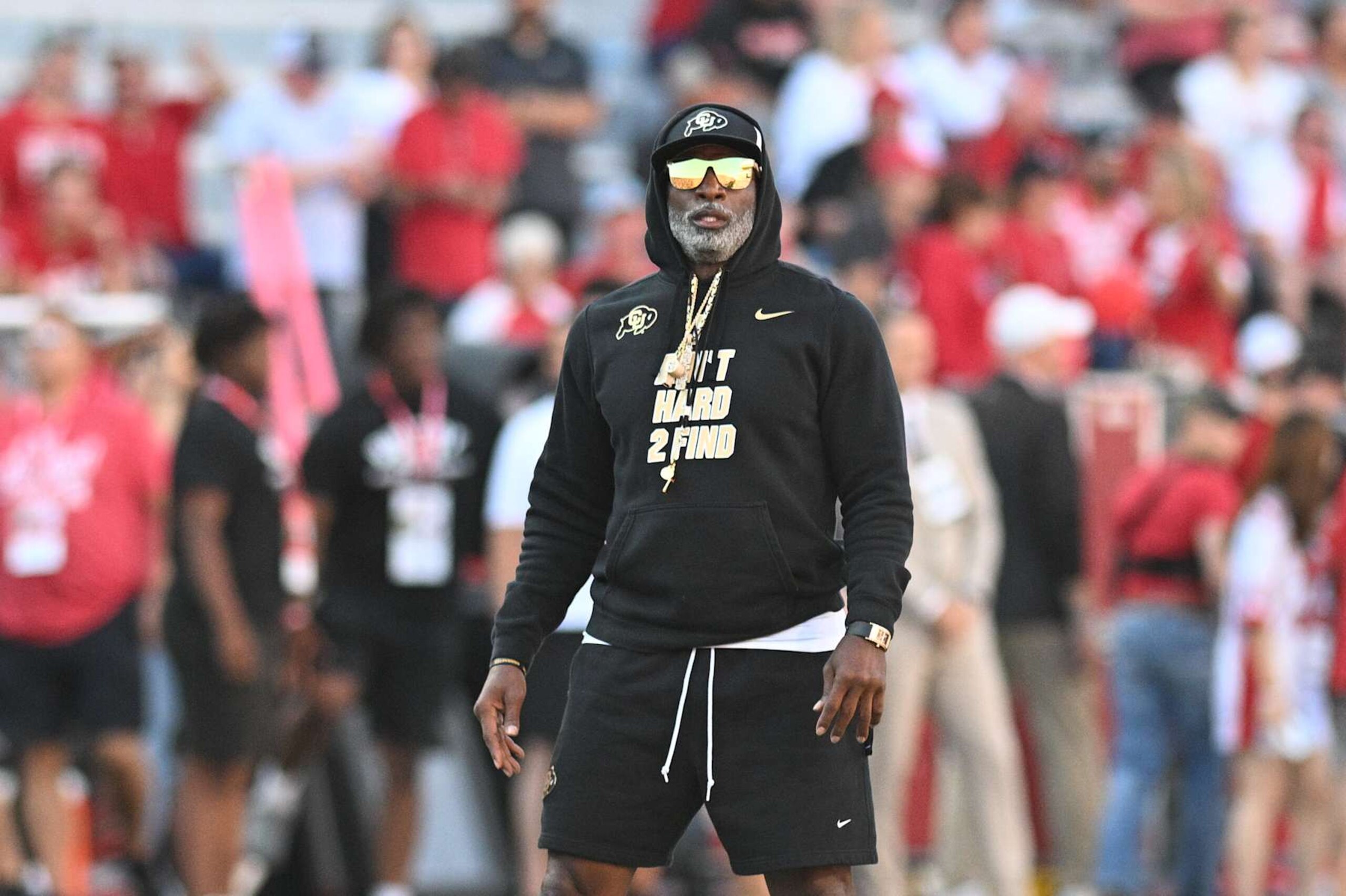LINCOLN, NEBRASKA - SEPTEMBER 7: Head coach Deion Sanders of the Colorado Buffaloes watches action on the field before the game against the Nebraska Cornhuskers at Memorial Stadium on September 7, 2024 in Lincoln, Nebraska. (Photo by Steven Branscombe/Getty Images)
