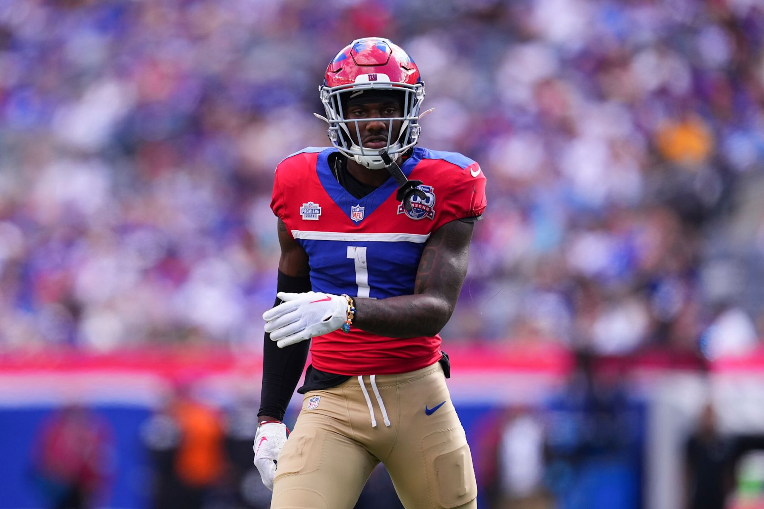 EAST RUTHERFORD, NEW JERSEY - SEPTEMBER 8: Malik Nabers #1 of the New York Giants looks on against the Minnesota Vikings at MetLife Stadium on September 8, 2024 in East Rutherford, New Jersey. (Photo by Mitchell Leff/Getty Images)