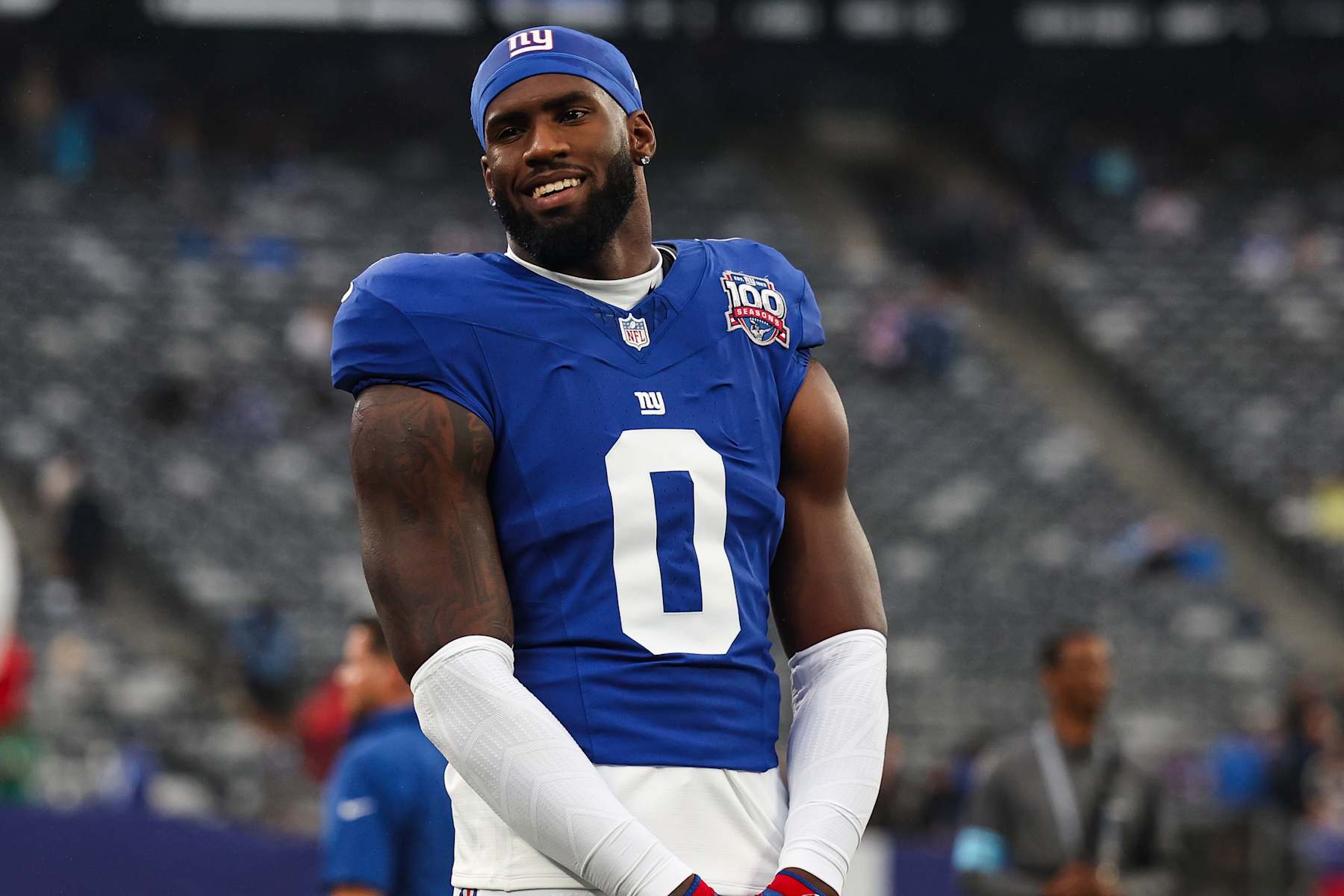 EAST RUTHERFORD, NJ - AUGUST 08: Brian Burns #0 of the New York Giants looks on prior to an NFL football game against the Detroit Lions at MetLife Stadium on August 8, 2024 in East Rutherford, NJ. (Photo by Perry Knotts/Getty Images)