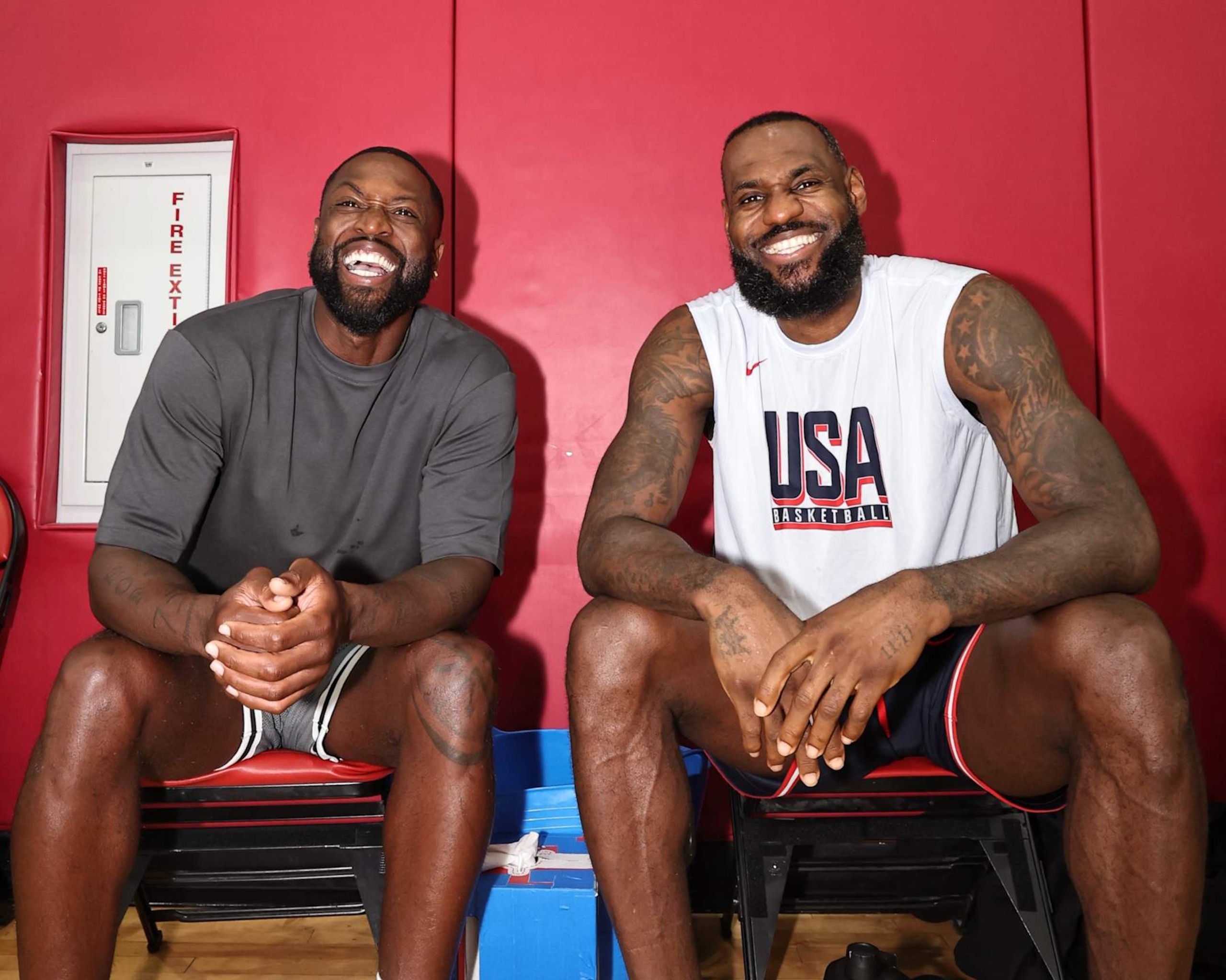 LAS VEGAS, NV - JULY 9: Dwyane Wade and LeBron James #6 of the USAB Men's team smile during the USAB Men's Training Camp on July 9, 2024 at UNLV in Las Vegas, Nevada. NOTE TO USER: User expressly acknowledges and agrees that, by downloading and or using this photograph, User is consenting to the terms and conditions of the Getty Images License Agreement. Mandatory Copyright Notice: Copyright 2024 NBAE (Photo by Jim Poorten/NBAE via Getty Images)