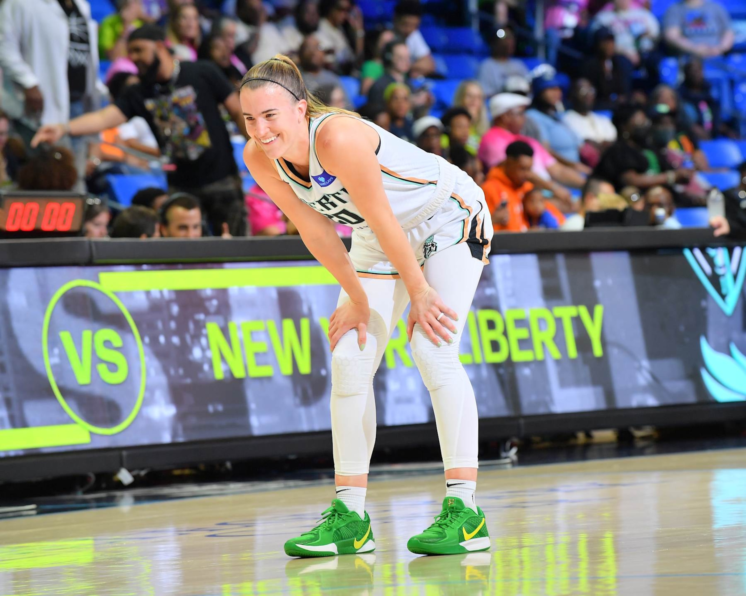 ARLINGTON, TX -  SEPTEMBER 12: Sabrina Ionescu #20 of the New York Liberty looks on during the game on September 12, 2024 at the College Park Center in Arlington, TX. NOTE TO USER: User expressly acknowledges and agrees that, by downloading and or using this photograph, User is consenting to the terms and conditions of the Getty Images License Agreement. Mandatory Copyright Notice: Copyright 2024 NBAE (Photo by Michael Gonzales/NBAE via Getty Images)