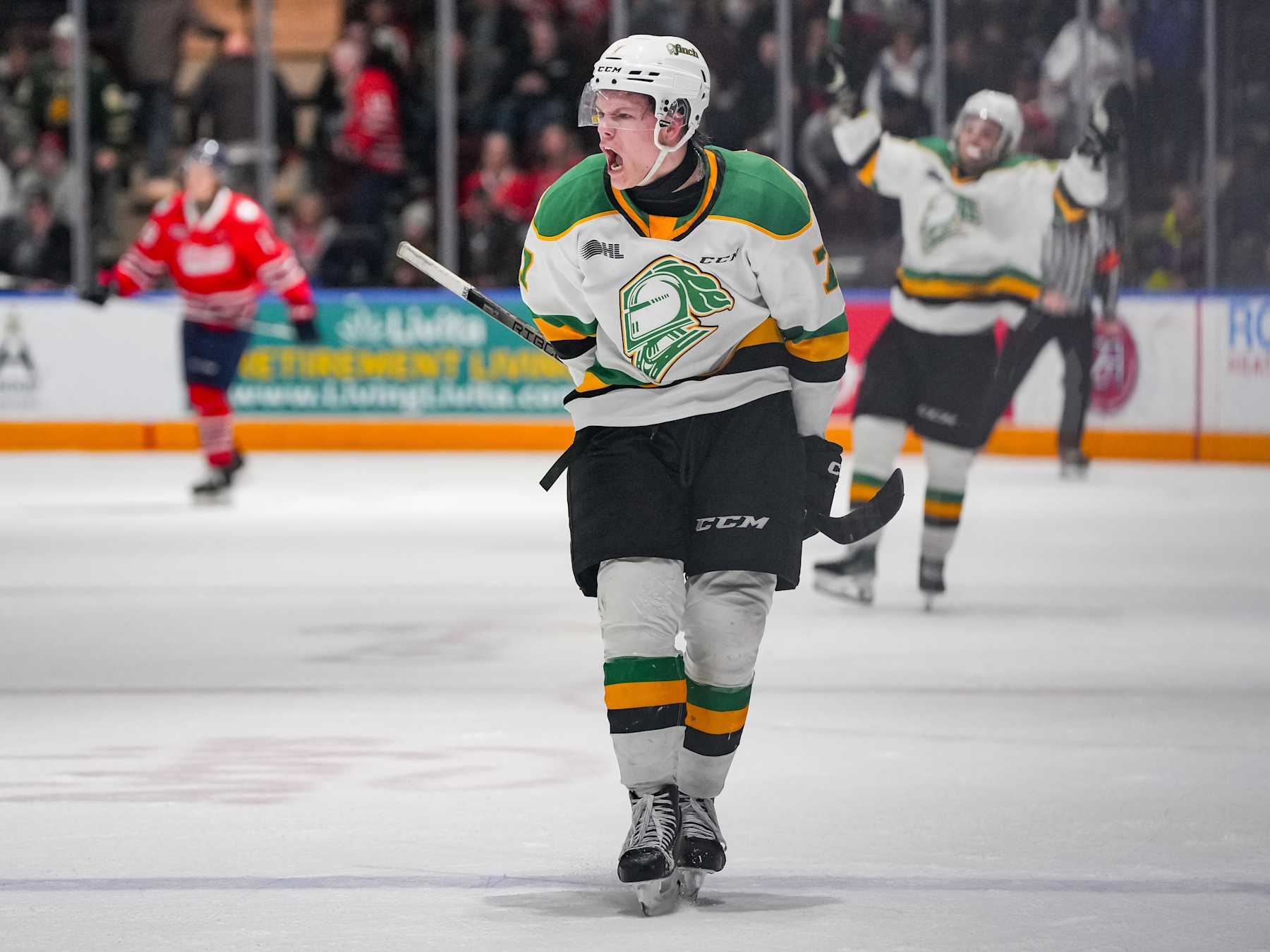 OSHAWA, CANADA - FEBRUARY 11: Easton Cowan #7 of the London Knights celebrates his overtime game winning goal against the Oshawa Generals at Tribute Communities Centre on February 11, 2024 in Oshawa, Ontario, Canada. (Photo by Chris Tanouye/Getty Images)