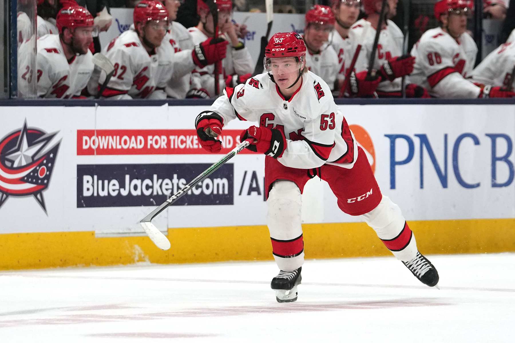 COLUMBUS, OHIO - APRIL 16: Jackson Blake #53 of the Carolina Hurricanes skates during the first period against the Columbus Blue Jackets at Nationwide Arena on April 16, 2024 in Columbus, Ohio. (Photo by Jason Mowry/Getty Images)