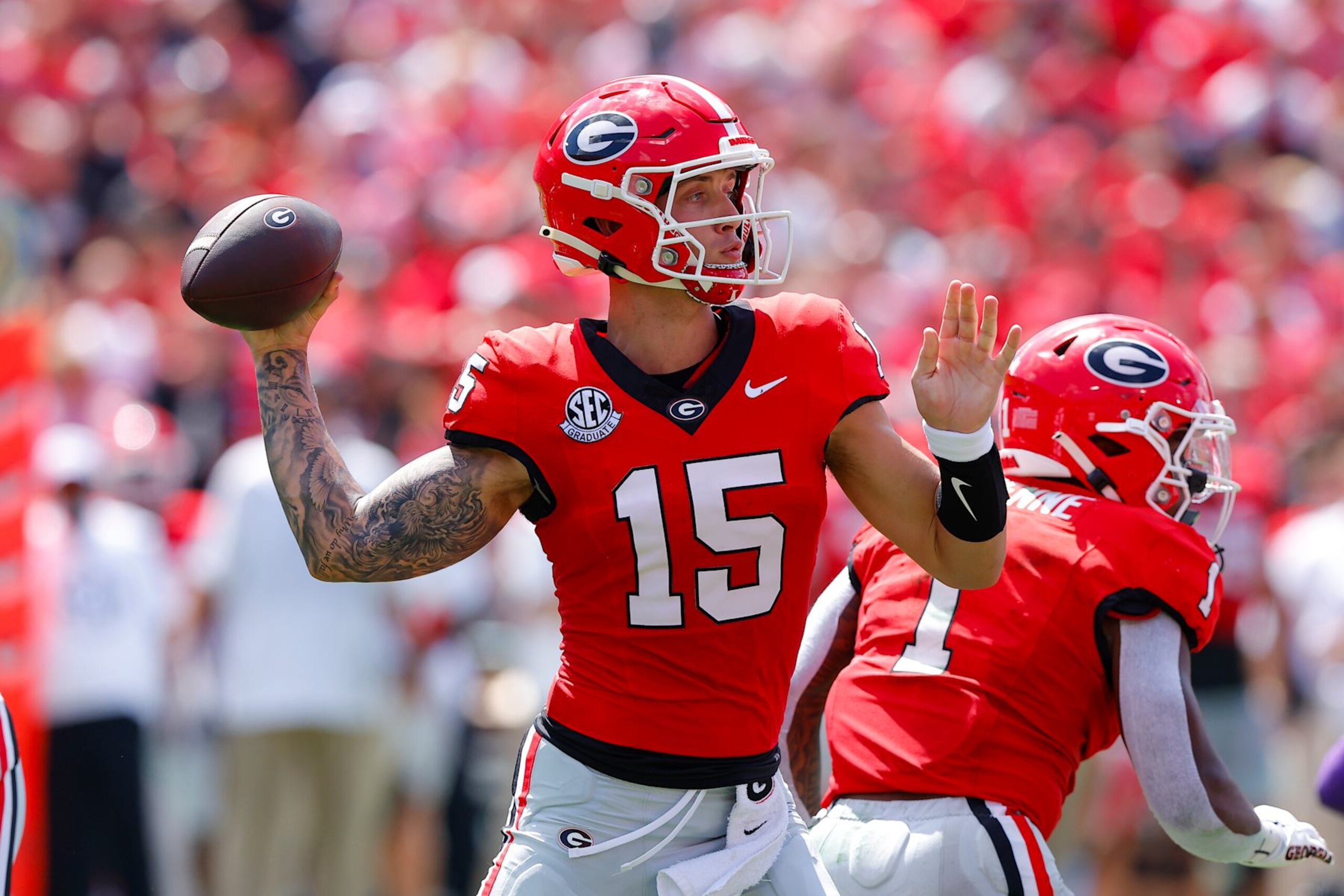 ATHENS, GEORGIA - SEPTEMBER 7: Carson Beck #15 of the Georgia Bulldogs passes during the first quarter against the Tennessee Tech Golden Eagles at Sanford Stadium on September 7, 2024 in Athens, Georgia. (Photo by Todd Kirkland/Getty Images) ATHENS, GEORGIA - SEPTEMBER 7: Carson Beck #15 of the Georgia Bulldogs passes during the first quarter against the Tennessee Tech Golden Eagles at Sanford Stadium on September 7, 2024 in Athens, Georgia. (Photo by Todd Kirkland/Getty Images)