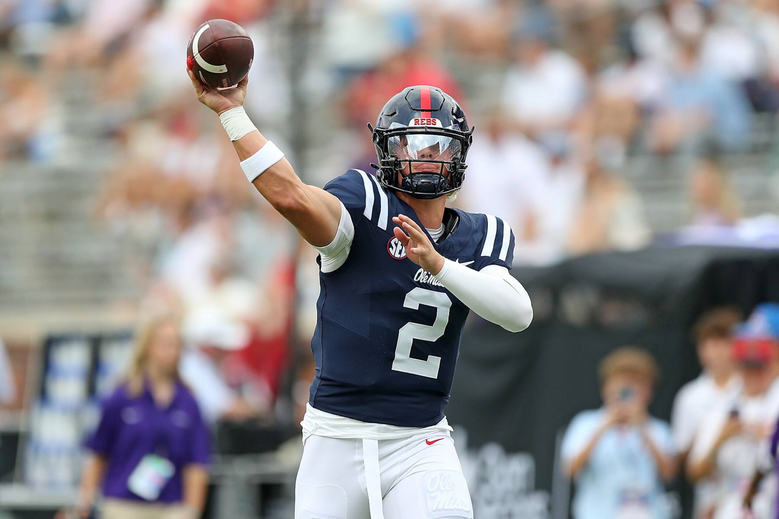 OXFORD, MISSISSIPPI - AUGUST 31: Jaxson Dart #2 of the Mississippi Rebels warms up before the game against the Furman Paladins at Vaught-Hemingway Stadium on August 31, 2024 in Oxford, Mississippi. (Photo by Justin Ford/Getty Images) OXFORD, MISSISSIPPI - AUGUST 31: Jaxson Dart #2 of the Mississippi Rebels warms up before the game against the Furman Paladins at Vaught-Hemingway Stadium on August 31, 2024 in Oxford, Mississippi. (Photo by Justin Ford/Getty Images)