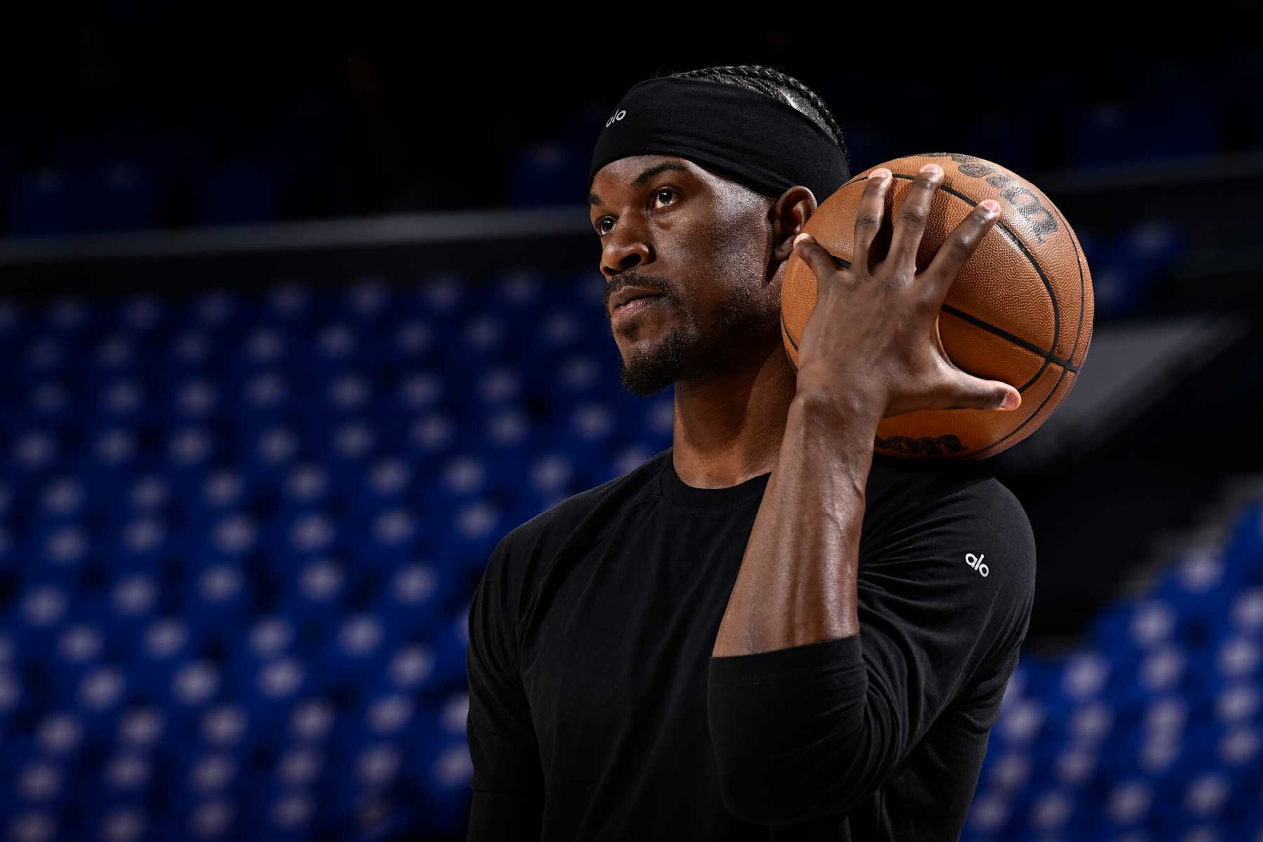 PHILADELPHIA, PA - APRIL 17: Jimmy Butler #22 of the Miami Heat warms up before the game against the Philadelphia 76ers during the 2024 NBA Play-In Tournament on April 17, 2024 at the Wells Fargo Center in Philadelphia, Pennsylvania NOTE TO USER: User expressly acknowledges and agrees that, by downloading and/or using this Photograph, user is consenting to the terms and conditions of the Getty Images License Agreement. Mandatory Copyright Notice: Copyright 2024 NBAE (Photo by David Dow/NBAE via Getty Images) PHILADELPHIA, PA - APRIL 17: Jimmy Butler #22 of the Miami Heat warms up before the game against the Philadelphia 76ers during the 2024 NBA Play-In Tournament on April 17, 2024 at the Wells Fargo Center in Philadelphia, Pennsylvania NOTE TO USER: User expressly acknowledges and agrees that, by downloading and/or using this Photograph, user is consenting to the terms and conditions of the Getty Images License Agreement. Mandatory Copyright Notice: Copyright 2024 NBAE (Photo by David Dow/NBAE via Getty Images)