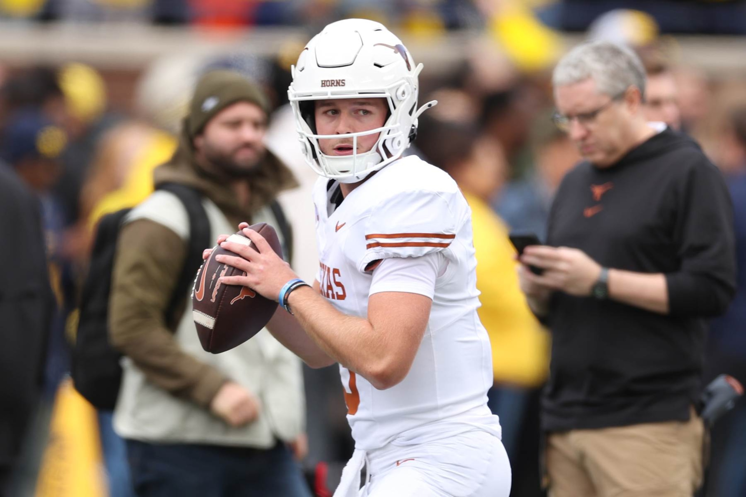 ANN ARBOR, MICHIGAN - SEPTEMBER 07: Quinn Ewers #3 of the Texas Longhorns warms up prior to a game against the Michigan Wolverines at Michigan Stadium on September 07, 2024 in Ann Arbor, Michigan. (Photo by Gregory Shamus/Getty Images)