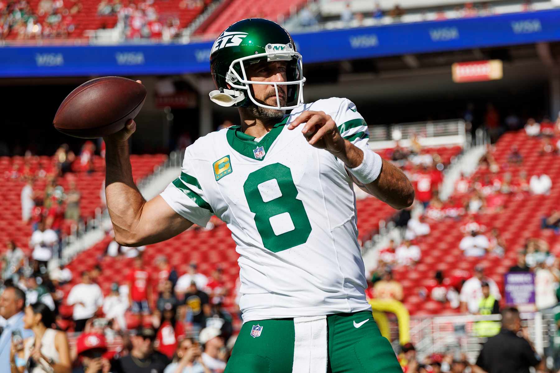 SANTA CLARA, CA - SEPTEMBER 9: Quarterback Aaron Rodgers #8 of the New York Jets warms up prior to an NFL football game against the San Francisco 49ers, at Levi's Stadium on September 9, 2024 in Santa Clara, California. (Photo by Brooke Sutton/Getty Images)