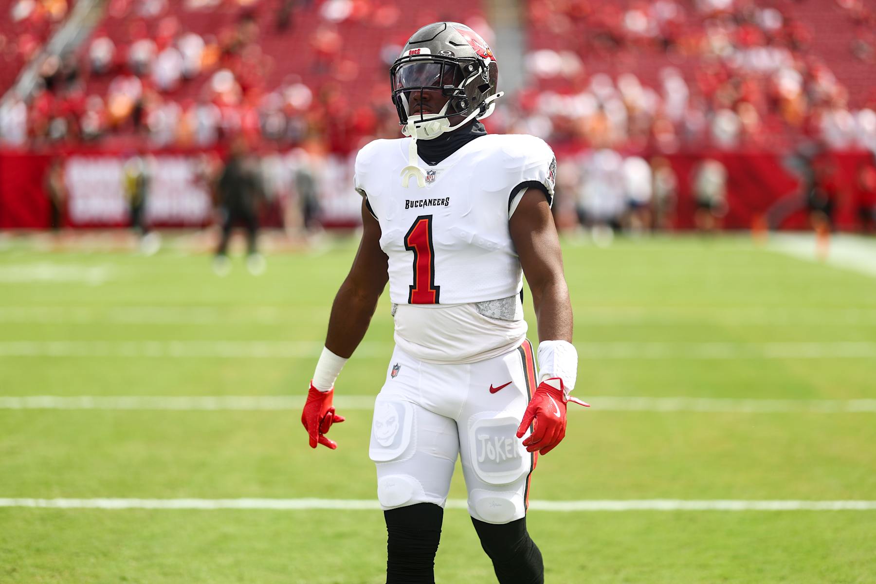 TAMPA, FL - SEPTEMBER 8: Rachaad White #1 of the Tampa Bay Buccaneers warms up prior to an NFL football game against the Washington Commanders at Raymond James Stadium on September 8, 2024 in Tampa, Florida. (Photo by Kevin Sabitus/Getty Images)