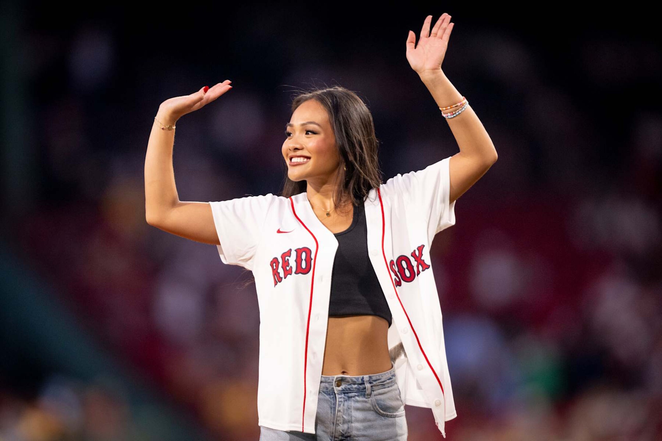 BOSTON, MASSACHUSETTS - SEPTEMBER 7: Jenn Trann of the Bachelorette throws a ceremonial first pitch before a game between the Chicago White Sox and the Boston Red Sox on September 7, 2024 at Fenway Park in Boston, Massachusetts. (Photo by Maddie Malhotra/Boston Red Sox/Getty Images)