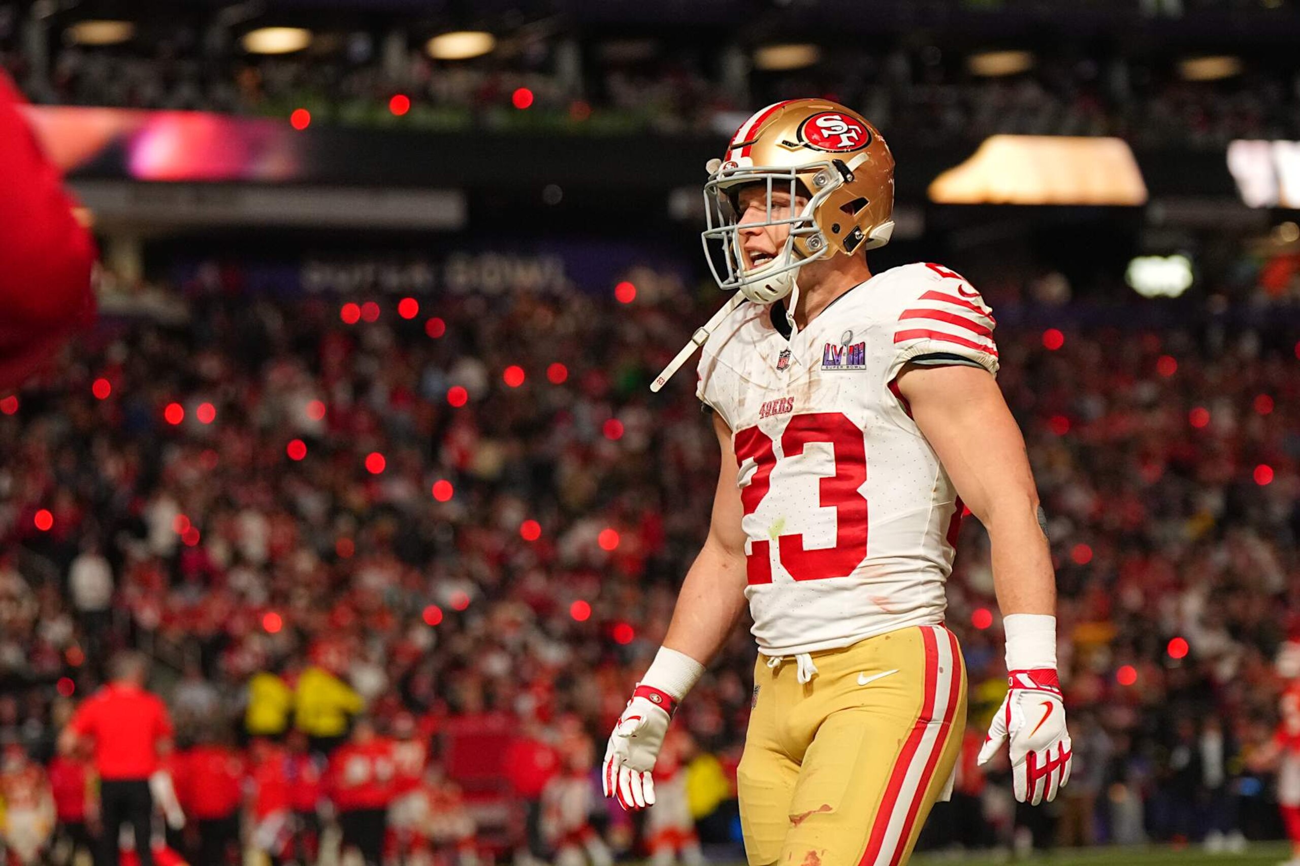 Football: Super Bowl LVIII: San Francisco 49ers Christian McCaffrey (23) in action, walks on the field vs Kansas City Chiefs at Allegiant Stadium.
Las Vegas, NV 2/11/2024
CREDIT: Erick W. Rasco (Photo by Erick W. Rasco/Sports Illustrated via Getty Images)
(Set Number: X164496 TK1) Football: Super Bowl LVIII: San Francisco 49ers Christian McCaffrey (23) in action, walks on the field vs Kansas City Chiefs at Allegiant Stadium.
Las Vegas, NV 2/11/2024
CREDIT: Erick W. Rasco (Photo by Erick W. Rasco/Sports Illustrated via Getty Images)
(Set Number: X164496 TK1)