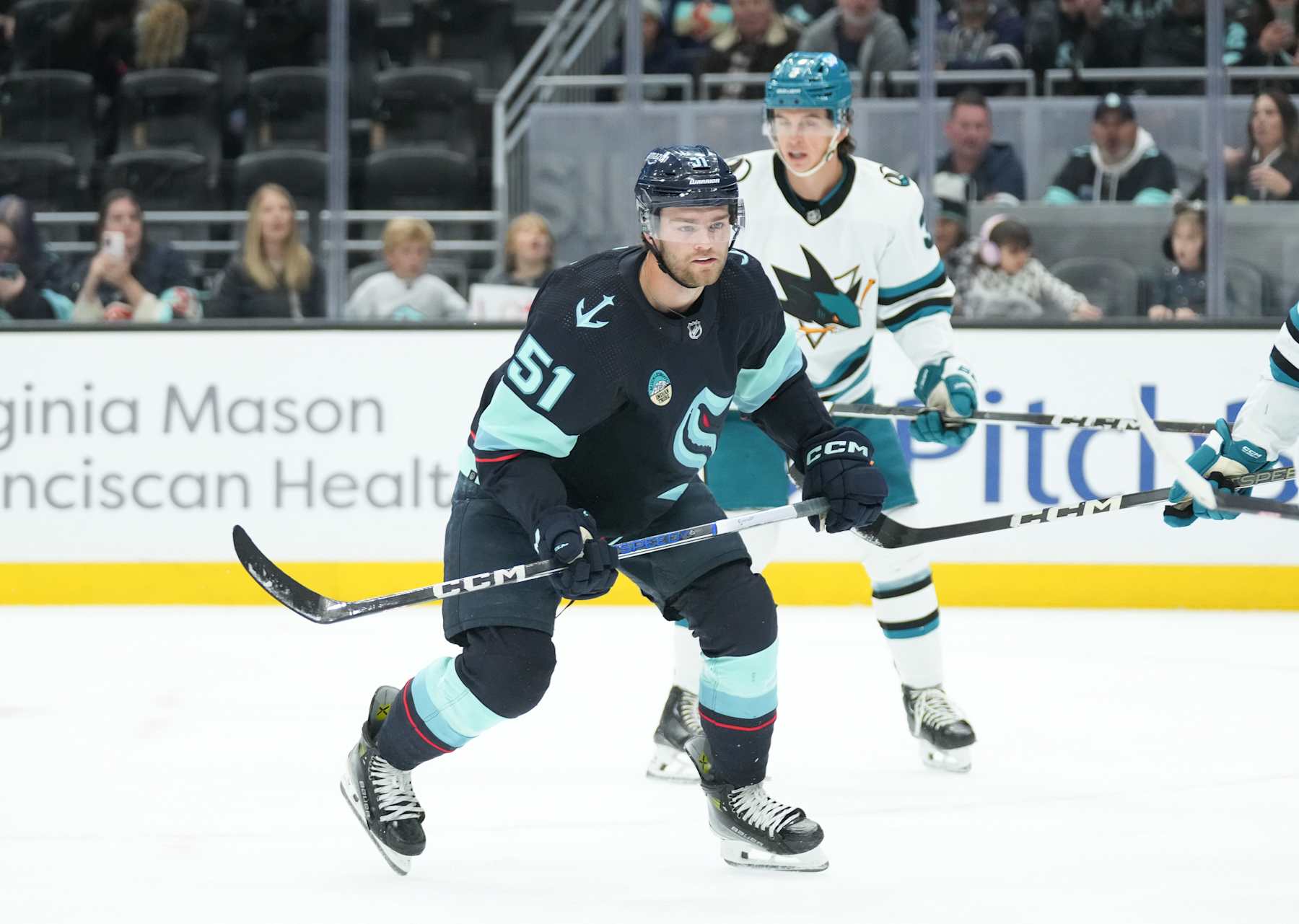 SEATTLE, WA - APRIL 11: Seattle Kraken center Shane Wright (51) skates during an NHL game between the San Jose Sharks and the Seattle Kraken on April 11, 2024 at Climate Pledge Arena in Seattle, WA. (Photo by Jeff Halstead/Icon Sportswire via Getty Images)