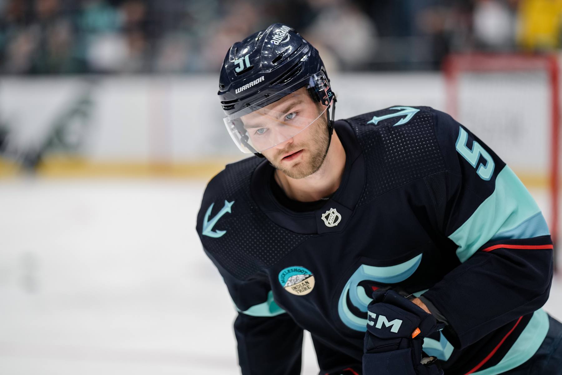 SEATTLE, WASHINGTON - APRIL 09: Shane Wright #51 of the Seattle Kraken warms up ahead of a game against the Arizona Coyotes at Climate Pledge Arena on April 9, 2024 in Seattle, Washington. (Photo by Christopher Mast/NHLI via Getty Images)