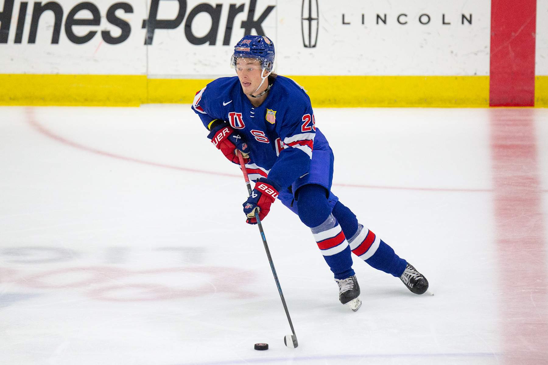 PLYMOUTH, MI - AUGUST 03: Quentin Musty #29 of Team USA skates with the puck during the 2024 World Junior Summer Showcase between Canada and USA at USA Hockey Arena on August 3, 2024 in Plymouth, Michigan. (Photo by Michael Miller/ISI Photos/Getty Images)