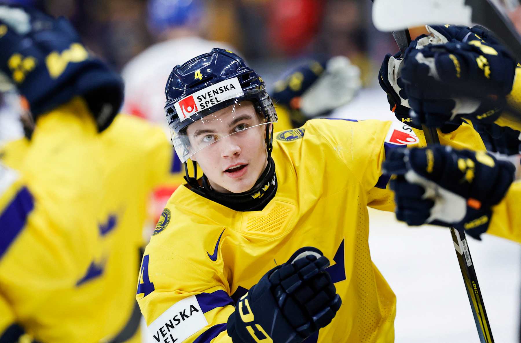 Sweden's defender Axel Sandin Pellikka celebrates scoring during the semi-final match between Sweden and Czech Republic of the IIHF World Junior Championship in Gothenburg, Sweden on January 4, 2024. (Photo by Adam Ihse/TT / various sources / AFP) / Sweden OUT (Photo by ADAM IHSE/TT/TT News Agency/TT NYHETSBYRÅN/AFP via Getty Images)