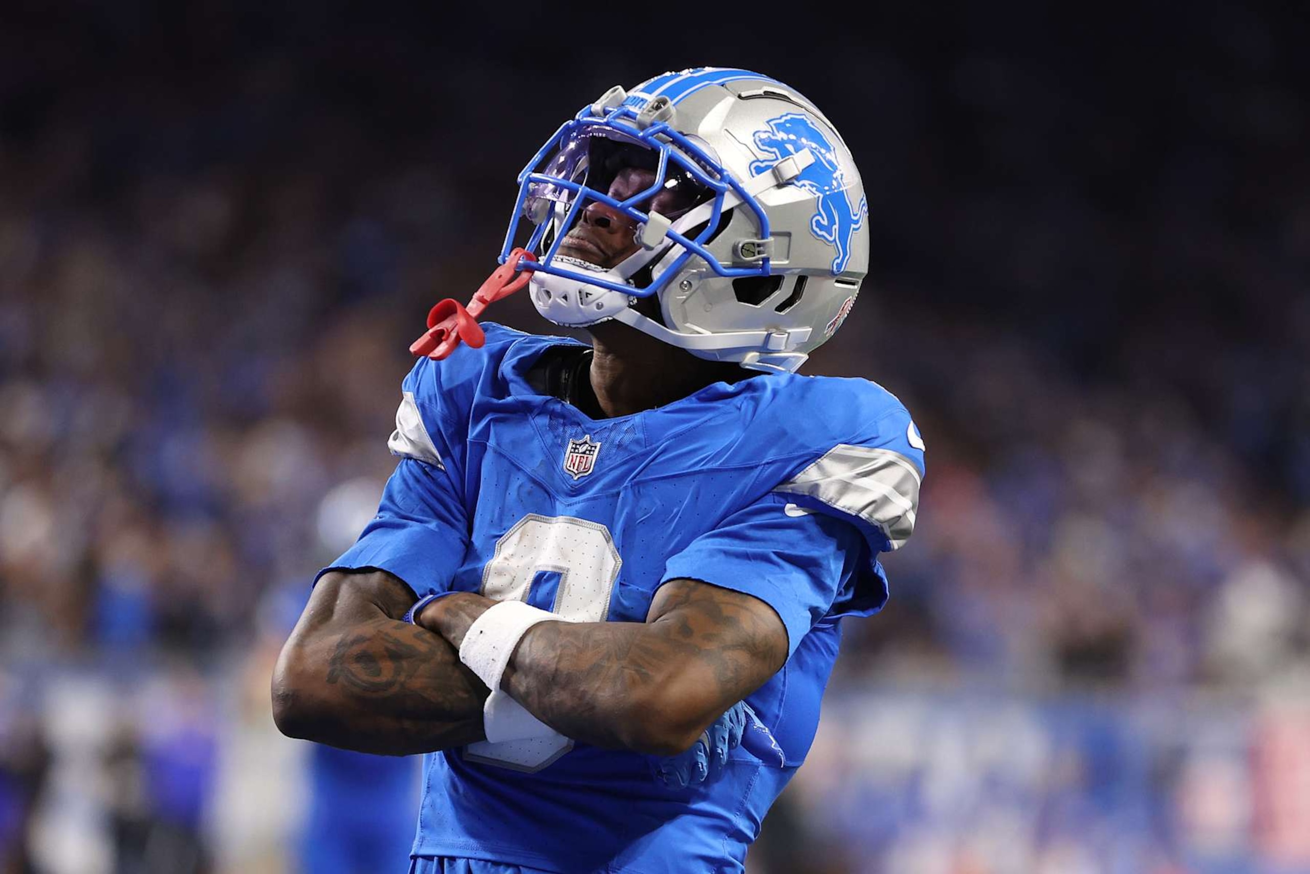 DETROIT, MICHIGAN - SEPTEMBER 08: Jameson Williams #9 of the Detroit Lions celebrates his 52-yard touchdown against the Los Angeles Rams in the third quarter at Ford Field on September 08, 2024 in Detroit, Michigan. (Photo by Gregory Shamus/Getty Images)
