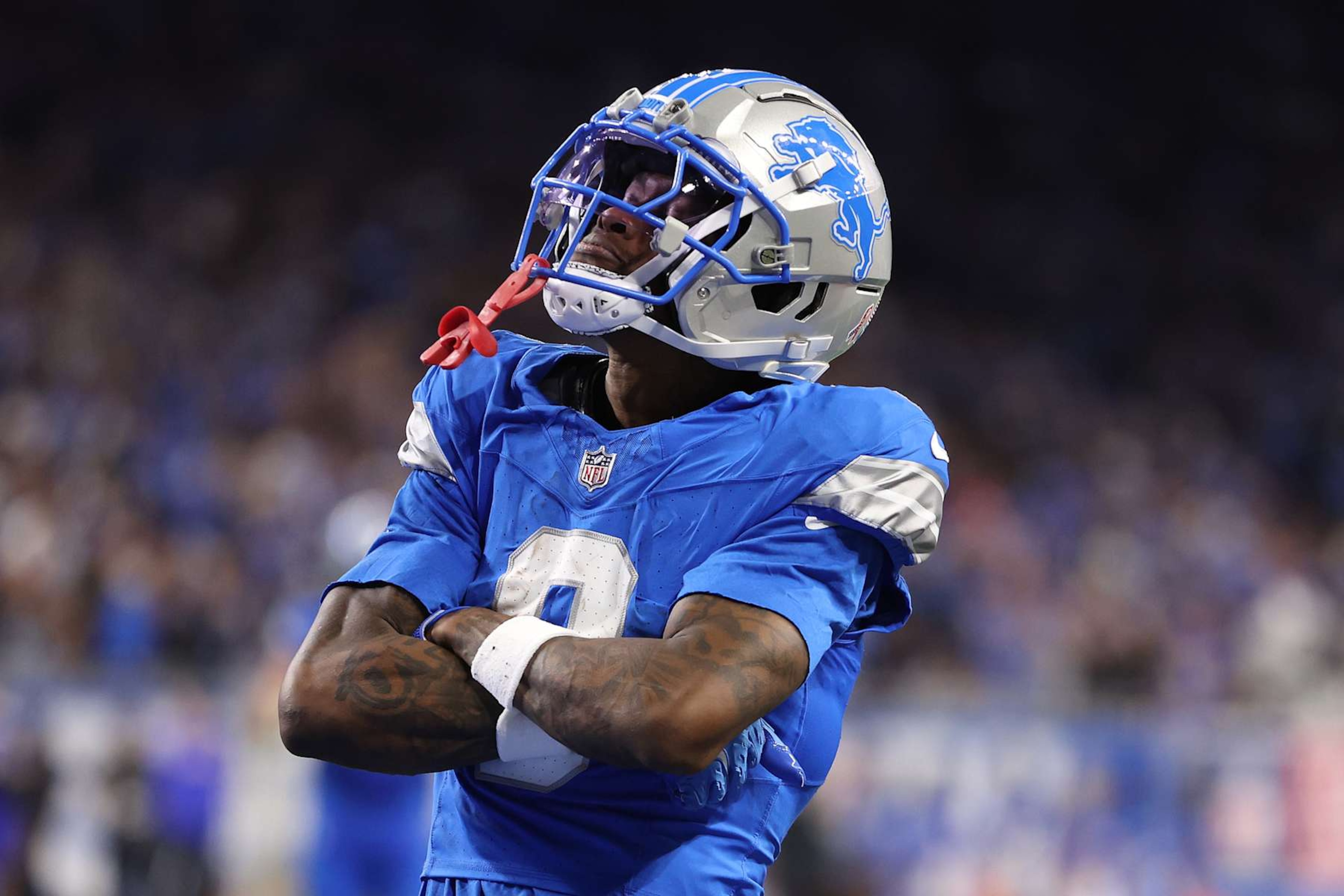DETROIT, MICHIGAN - SEPTEMBER 08: Jameson Williams #9 of the Detroit Lions celebrates his 52-yard touchdown against the Los Angeles Rams in the third quarter at Ford Field on September 08, 2024 in Detroit, Michigan. (Photo by Gregory Shamus/Getty Images)