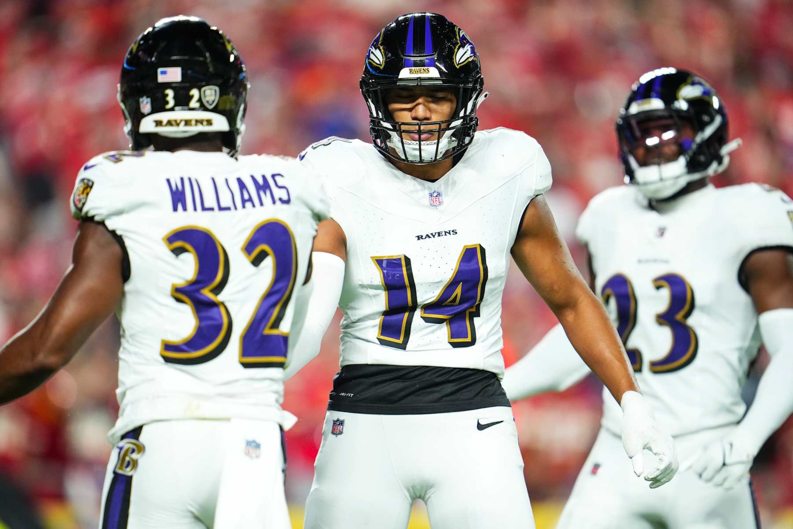 KANSAS CITY, MO - SEPTEMBER 05: Kyle Hamilton #14 of the Baltimore Ravens celebrates during an NFL football game against the Kansas City Chiefs at GEHA Field at Arrowhead Stadium on September 5, 2024 in Kansas City, California. (Photo by Cooper Neill/Getty Images)