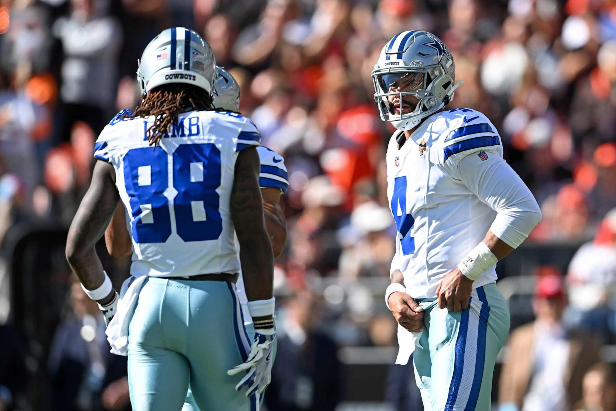 CLEVELAND, OHIO - SEPTEMBER 08: Dak Prescott #4 of the Dallas Cowboys looks on during the first quarter against the Cleveland Browns at Huntington Bank Field on September 08, 2024 in Cleveland, Ohio. (Photo by Nick Cammett/Diamond Images via Getty Images)
