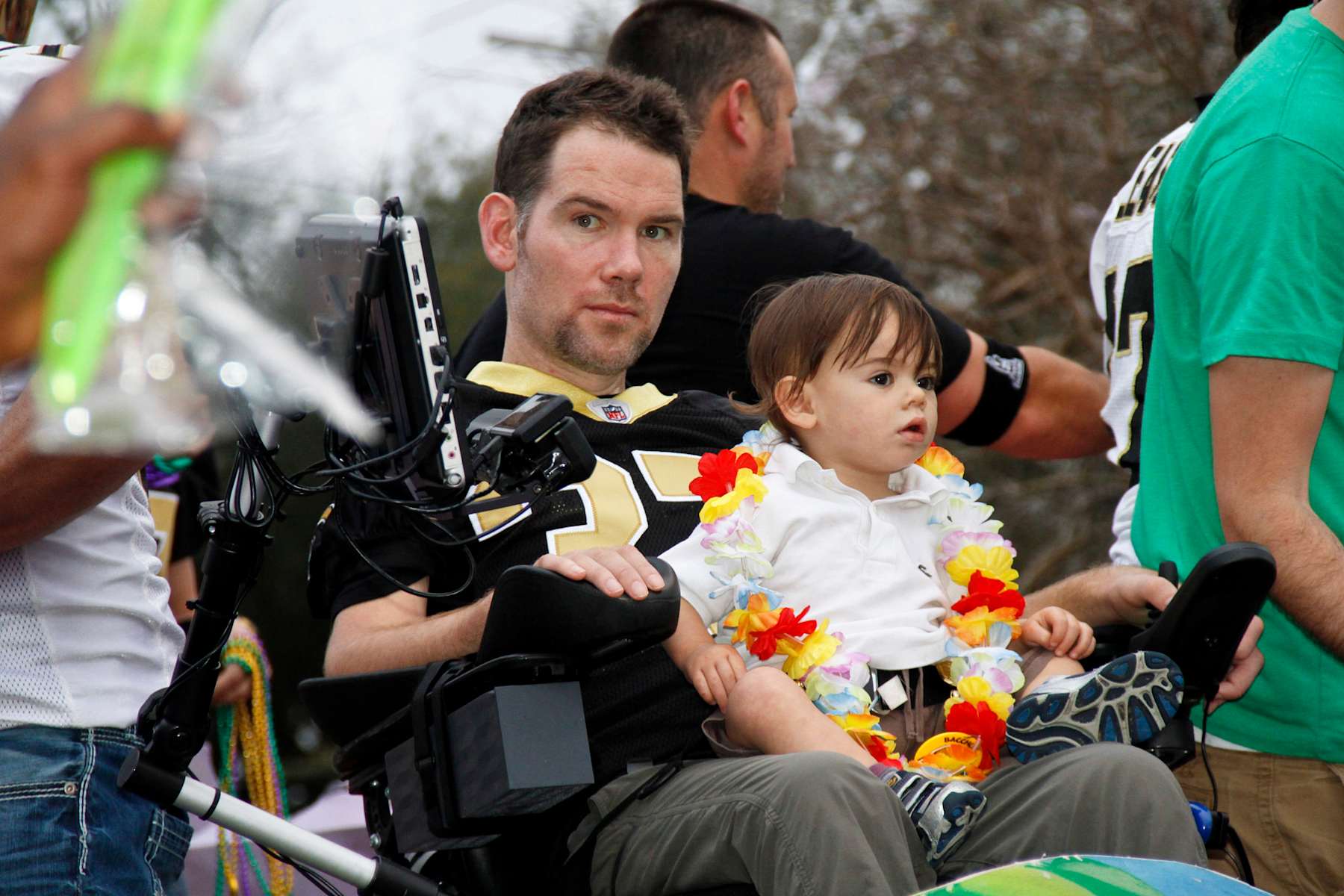 NEW ORLEANS, LA - FEBRUARY 10: Former NFL New Orleans Saints Safety, Steve Gleason with friends that started Team Gleason to generate public awareness and raise funds for Amyotrophic Lateral Sclerosis rides in the 2013 Krewe of Bacchus Mardi Gras Parade on February 10, 2013 in New Orleans, Louisiana. (Photo by Skip Bolen/Getty Images)