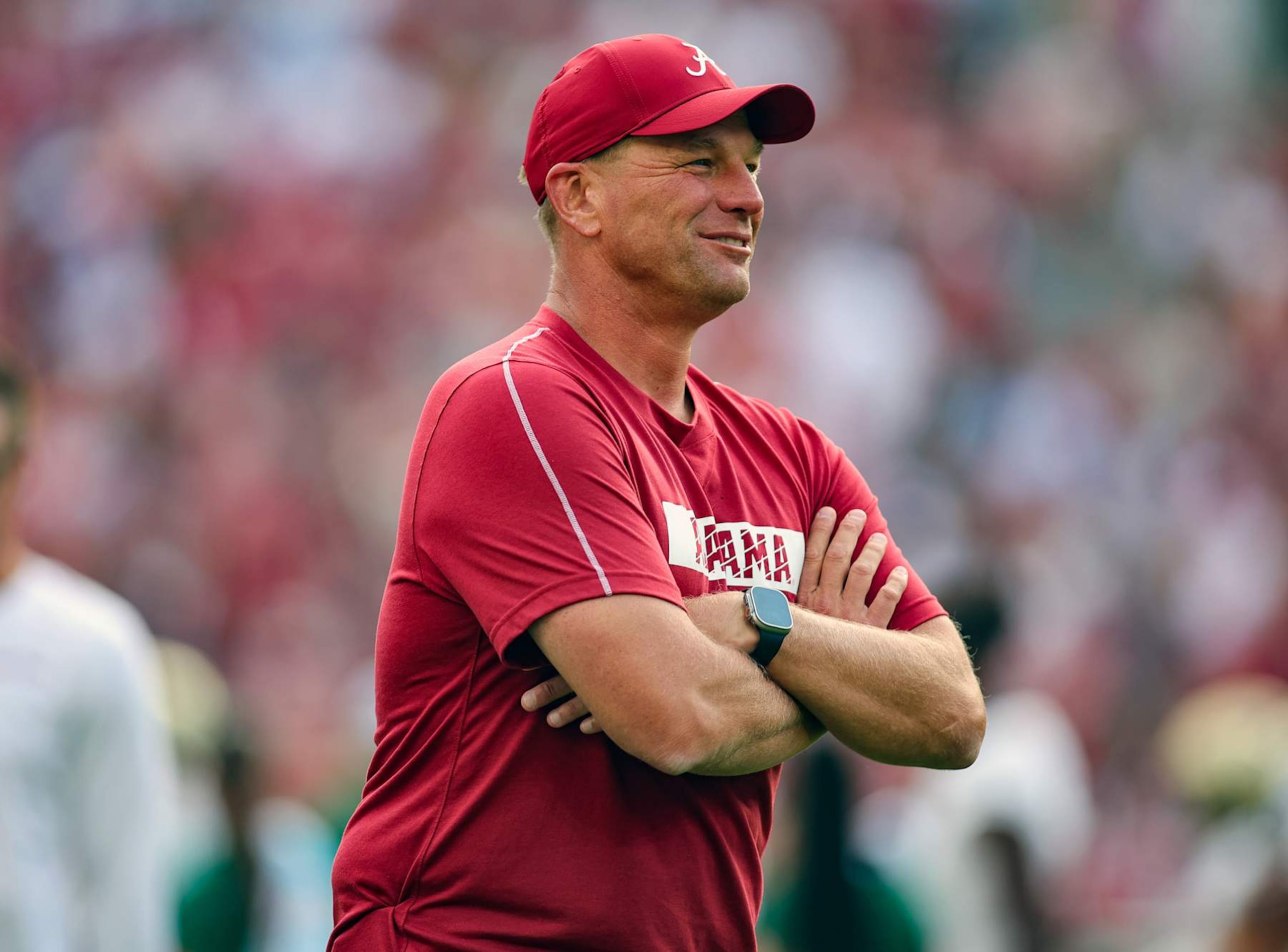 TUSCALOOSA, ALABAMA - SEPTEMBER 7: head coach Kalen DeBoer of the Alabama Crimson Tide is all smiles prior to kickoff against the South Florida Bulls at Bryant-Denny Stadium on September 7, 2024 in Tuscaloosa, Alabama. (Photo by Brandon Sumrall/Getty Images) TUSCALOOSA, ALABAMA - SEPTEMBER 7: head coach Kalen DeBoer of the Alabama Crimson Tide is all smiles prior to kickoff against the South Florida Bulls at Bryant-Denny Stadium on September 7, 2024 in Tuscaloosa, Alabama. (Photo by Brandon Sumrall/Getty Images)