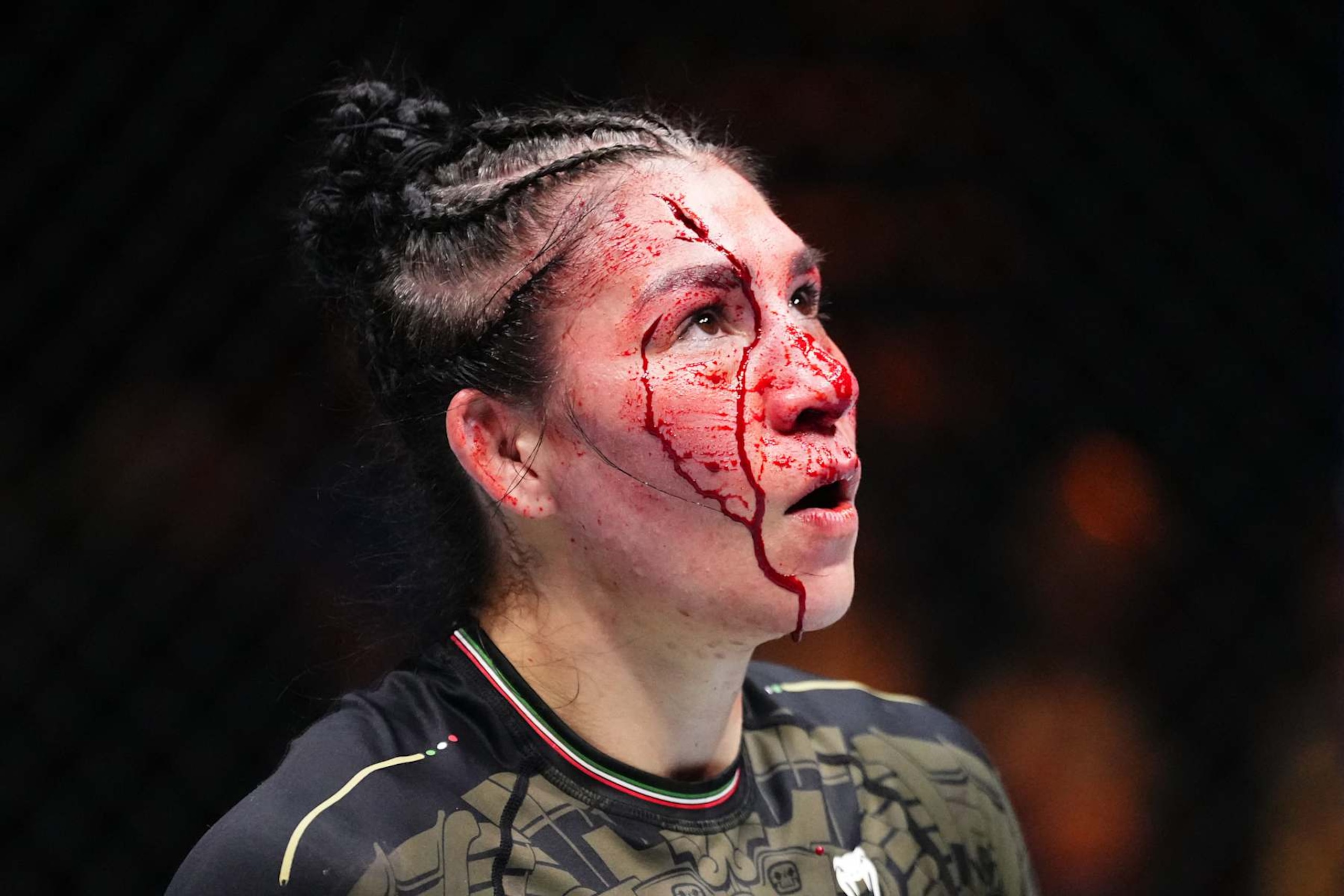 LAS VEGAS, NEVADA - SEPTEMBER 14: Irene Aldana of Mexico rests between rounds in a bantamweight fight during the UFC 306 at Riyadh Season Noche UFC event at Sphere on September 14, 2024 in Las Vegas, Nevada. (Photo by Jeff Bottari/Zuffa LLC)