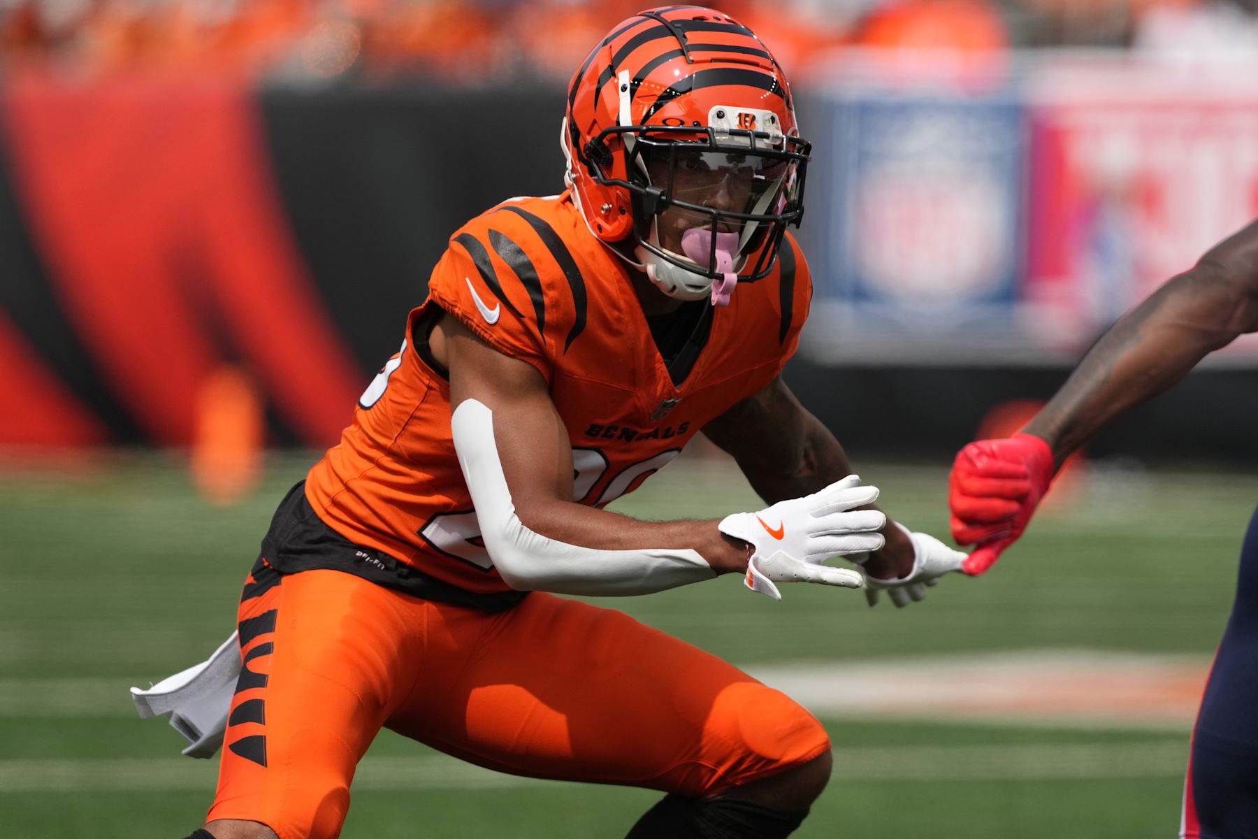 CINCINNATI, OHIO - SEPTEMBER 08: Cincinnati Bengals cornerback Cam Taylor-Britt #29 in action during the game against the New England Patriots at Paycor Stadium on September 08, 2024 in Cincinnati, Ohio. (Photo by Jason Mowry/Getty Images)
