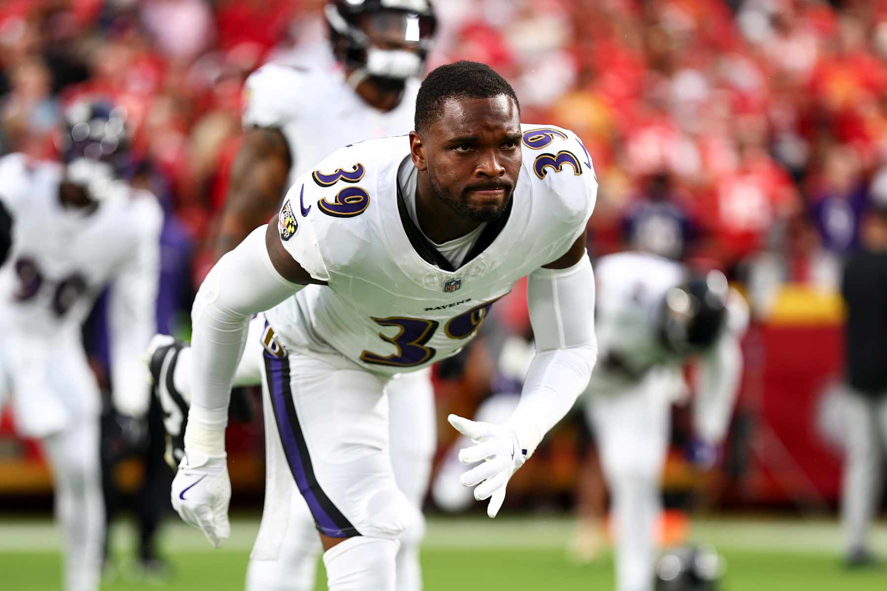 KANSAS CITY, MO - SEPTEMBER 5: Eddie Jackson #39 of the Baltimore Ravens warms up prior to an NFL football game against the Kansas City Chiefs at GEHA Field at Arrowhead Stadium on September 5, 2024 in Kansas City, Missouri. (Photo by Kevin Sabitus/Getty Images)