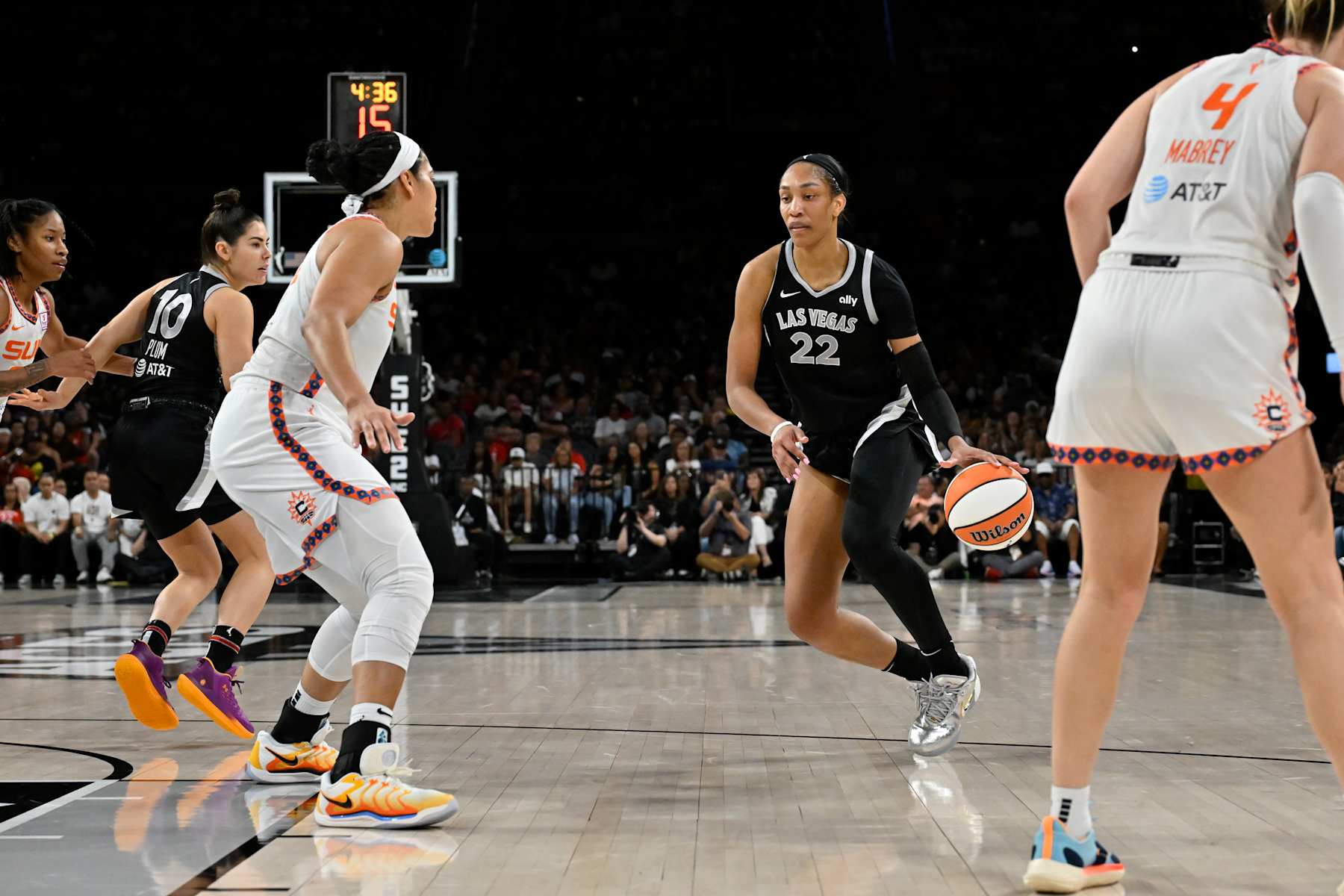 LAS VEGAS, NV - SEPTEMBER 15: A'ja Wilson #22 of the Las Vegas Aces dribbles the ball during the game against the Connecticut Sun on September 15, 2024 at Michelob ULTRA Arena in Las Vegas, Nevada. NOTE TO USER: User expressly acknowledges and agrees that, by downloading and or using this photograph, User is consenting to the terms and conditions of the Getty Images License Agreement. Mandatory Copyright Notice: Copyright 2024 NBAE (Photo by David Becker/NBAE via Getty Images)