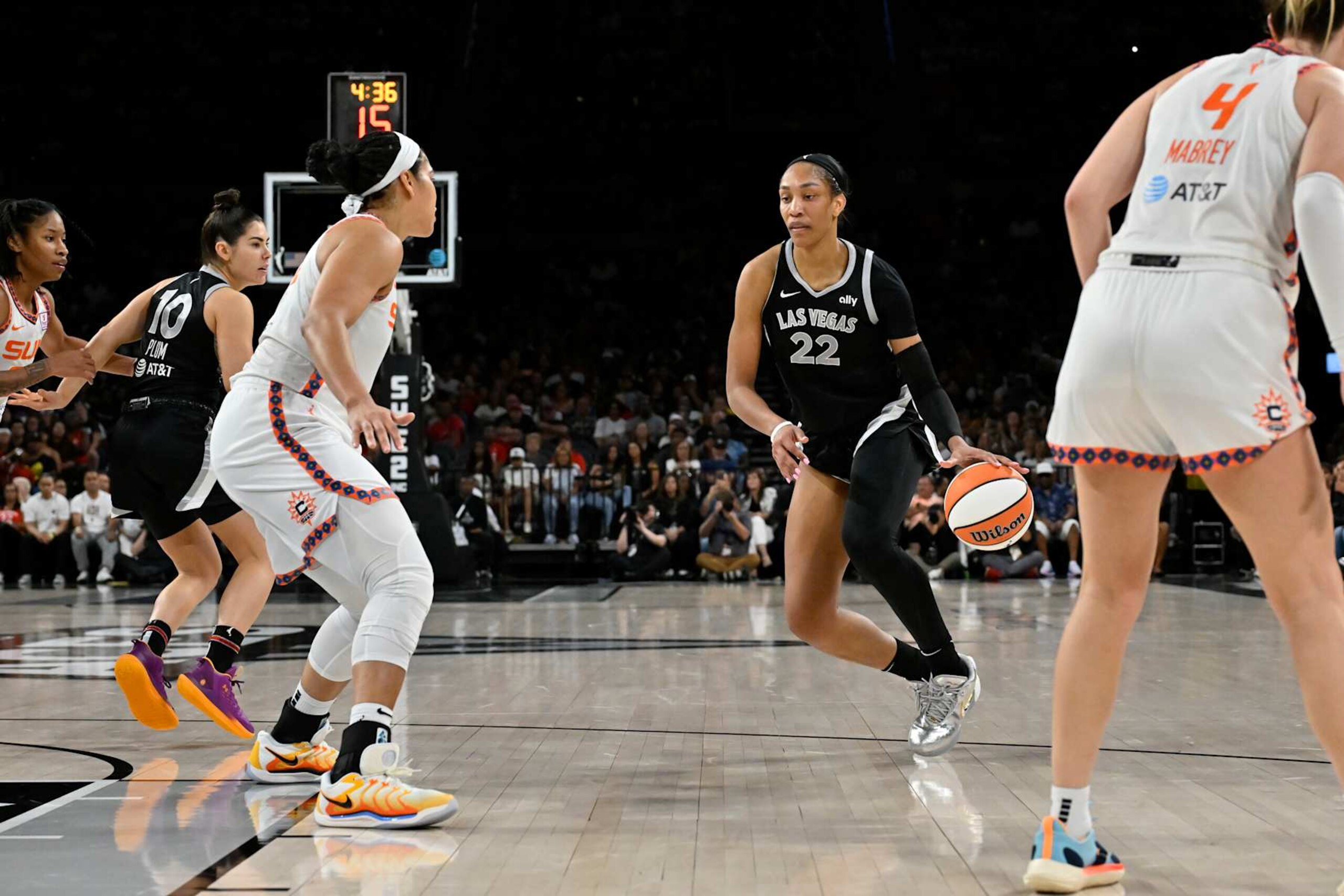 LAS VEGAS, NV - SEPTEMBER 15: A'ja Wilson #22 of the Las Vegas Aces dribbles the ball during the game against the Connecticut Sun on September 15, 2024 at Michelob ULTRA Arena in Las Vegas, Nevada. NOTE TO USER: User expressly acknowledges and agrees that, by downloading and or using this photograph, User is consenting to the terms and conditions of the Getty Images License Agreement. Mandatory Copyright Notice: Copyright 2024 NBAE (Photo by David Becker/NBAE via Getty Images)