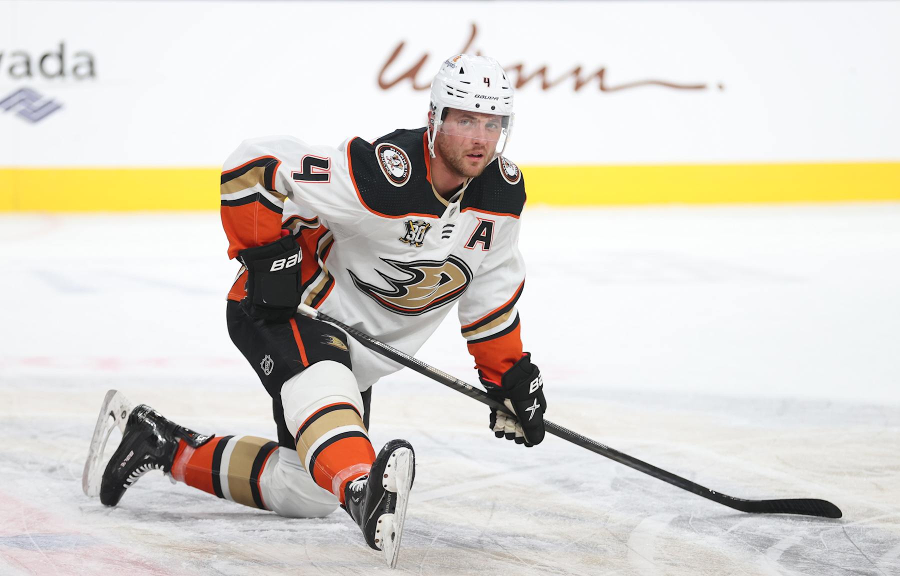 LAS VEGAS, NEVADA - APRIL 18: Cam Fowler #4 of the Anaheim Ducks warms up prior to a game against the Vegas Golden Knights at T-Mobile Arena on April 18, 2024 in Las Vegas, Nevada. (Photo by Zak Krill/NHLI via Getty Images)